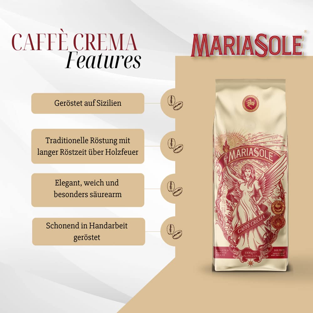 MariaSole Caffè Crema 1kg – Traditionelle Röstung in Sizilien über Holzfeuer In Handarbeit – Premium Kaffeebohnen für Vollautomat und Siebträger