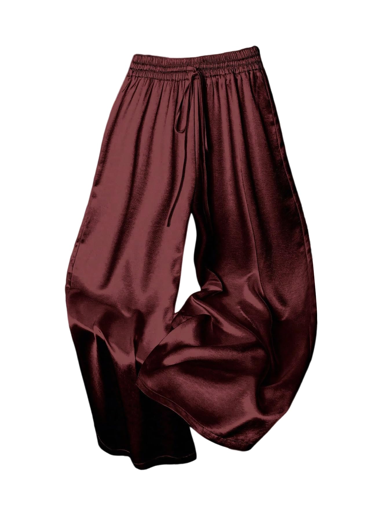 Womens Plus Size Satin Wide Leg Pants Dressy Casual Drawstring Elastic Waist Trousers