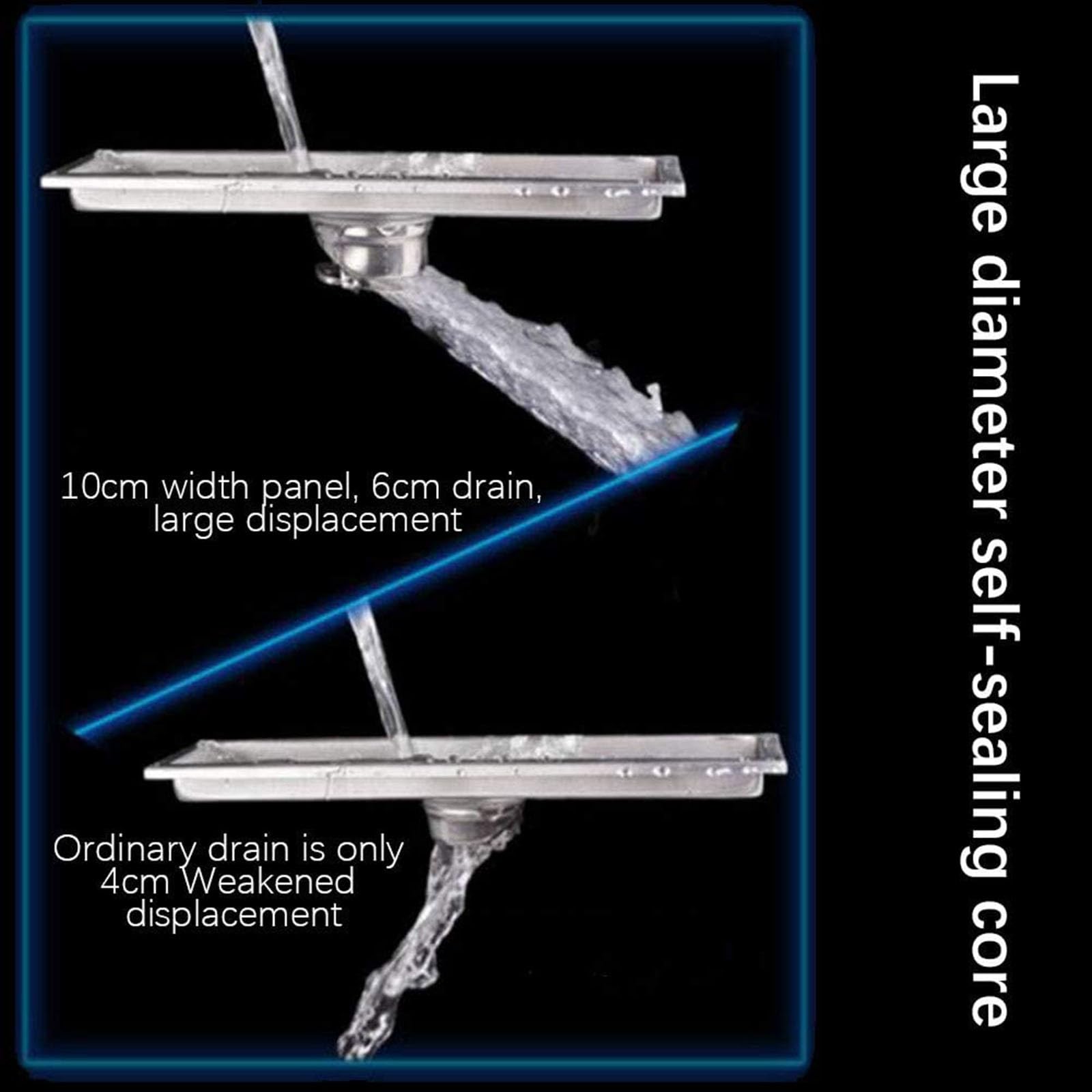 PONNYC Scarico a Pavimento - D'argento Piletta Doccia in Acciaio Inossidabile, Ampia Cilindrata, Filtro Rimovibile, Scarico Doccia con Deodorante per WC, Bagno, Cucina(Size:10 * 90cm)