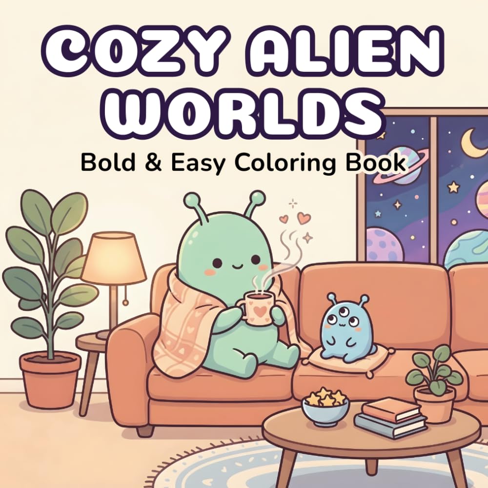 Cozy Alien Worlds Coloring Book for Adults & Teens: 45 Bold And Easy Cute Whimsical Everyday Space Scenes for Relaxation And Anxiety