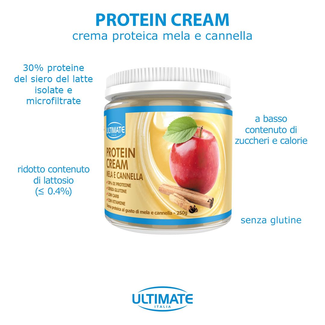 Ultimate Italia - Crema proteica al 30% spalmabile, senza zuccheri - 250g - gusto mela e cannella - poche calorie, senza glutine, con vitamine