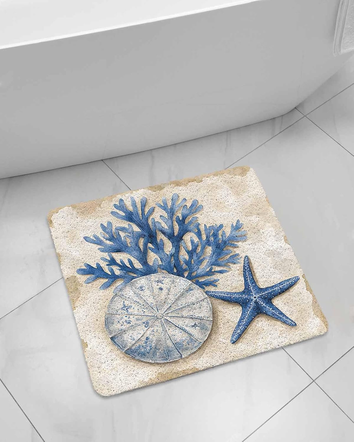 Watercolor Coral Starfish Non-Slip Bathtub Mat, Ocean Coastal Vintage PVC Bath Mat for Tub Quick Drying Shower Mats for Inside Shower, Foot Scrubber Loofah Bathroom Mats 24x24 Inches