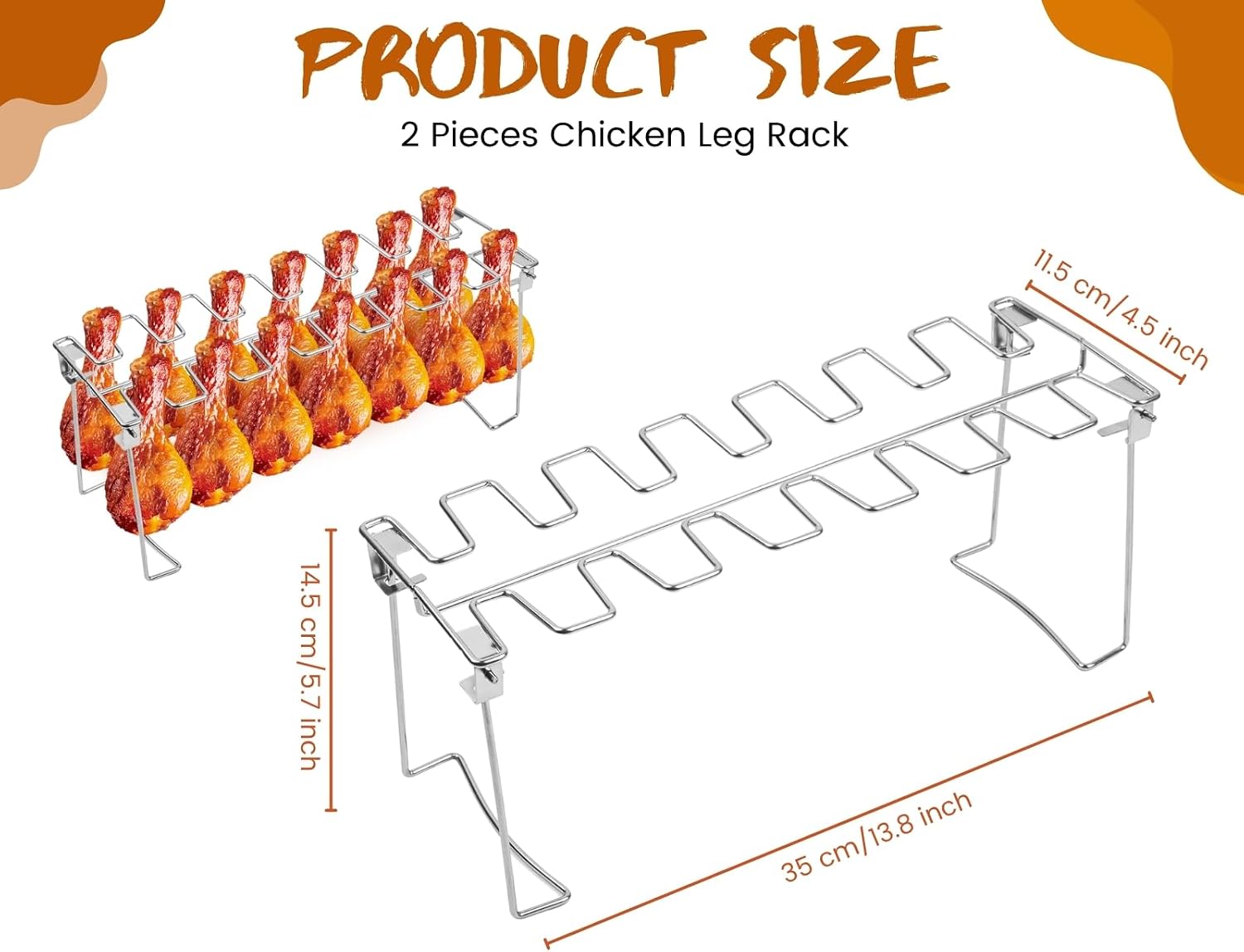 Chicken Leg Rack for Grill 2 Pack - 14 Slots Stainless Steel Chicken Drumstick Holder & Wing Rack for Smoker BBQ Oven Grilling (Set of 2) thumbnail