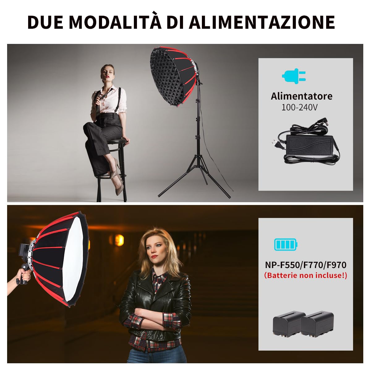 Kit Luce Led 60w Softbox Parabolico Portatile da 55cm/21" con Griglia Nido d'Ape Apertura/Chiusura Rapida 3000-6500k Ritratto, Prodotto, Live Streaming, Video in Studio o Esterni