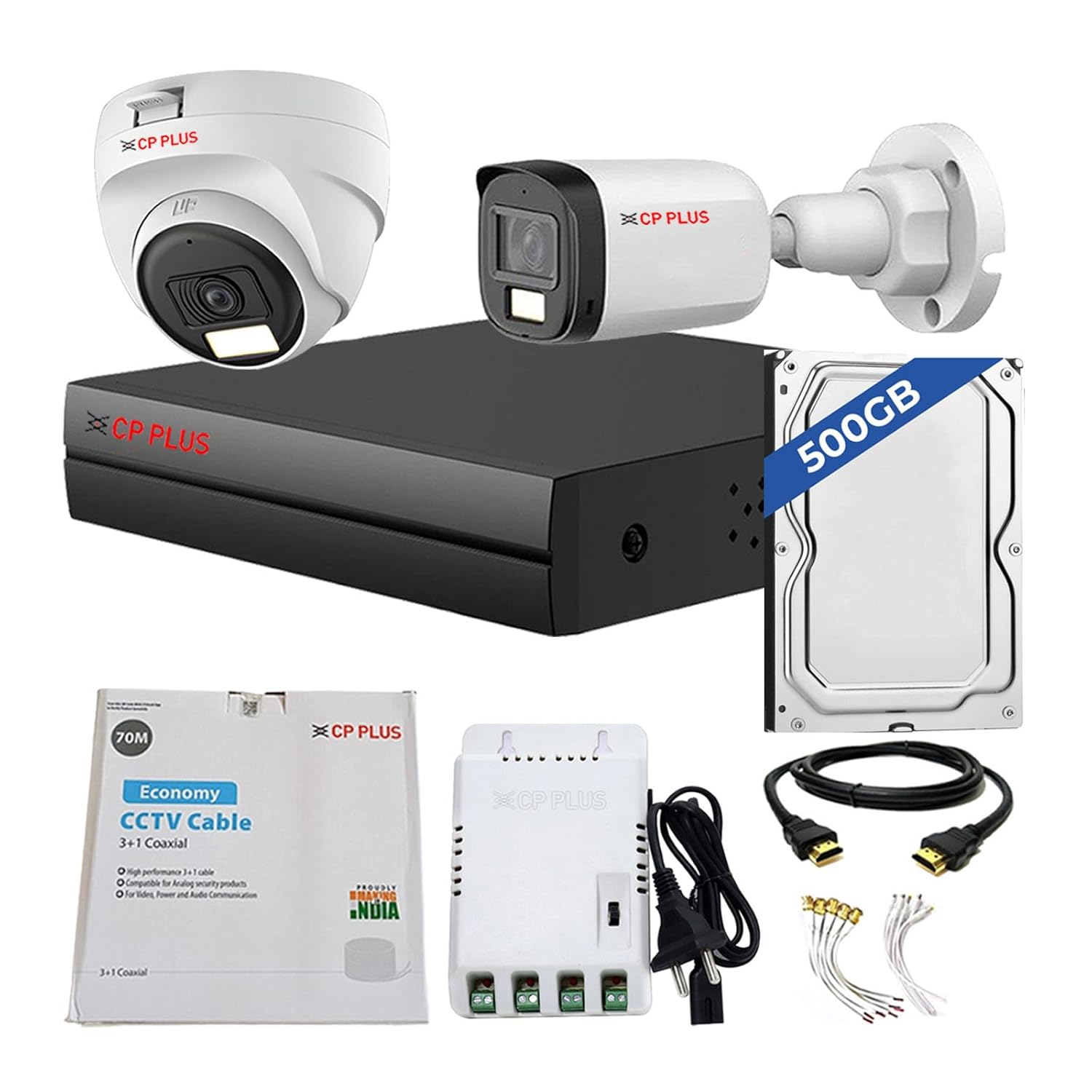 CP PLUS 4 channel DVR with 2MP 1 OUTDOOR & 1 INDOOR, Built-in Audio Mic, Dual Light Color Night Vision wired CCTV Cameras, Motion Detection, 4 Channel SMPS, 70 Meter Cable, 500 GB HDD, Required BNC/DC CP PLUS 4 channel DVR with 2MP 1 OUTDOOR & 1 INDOOR, Built-in Audio Mic, Dual Light Color Night Vision wired CCTV Cameras, Motion Detection, 4 Channel SMPS, 70 Meter Cable, 500 GB HDD, Required BNC/DC