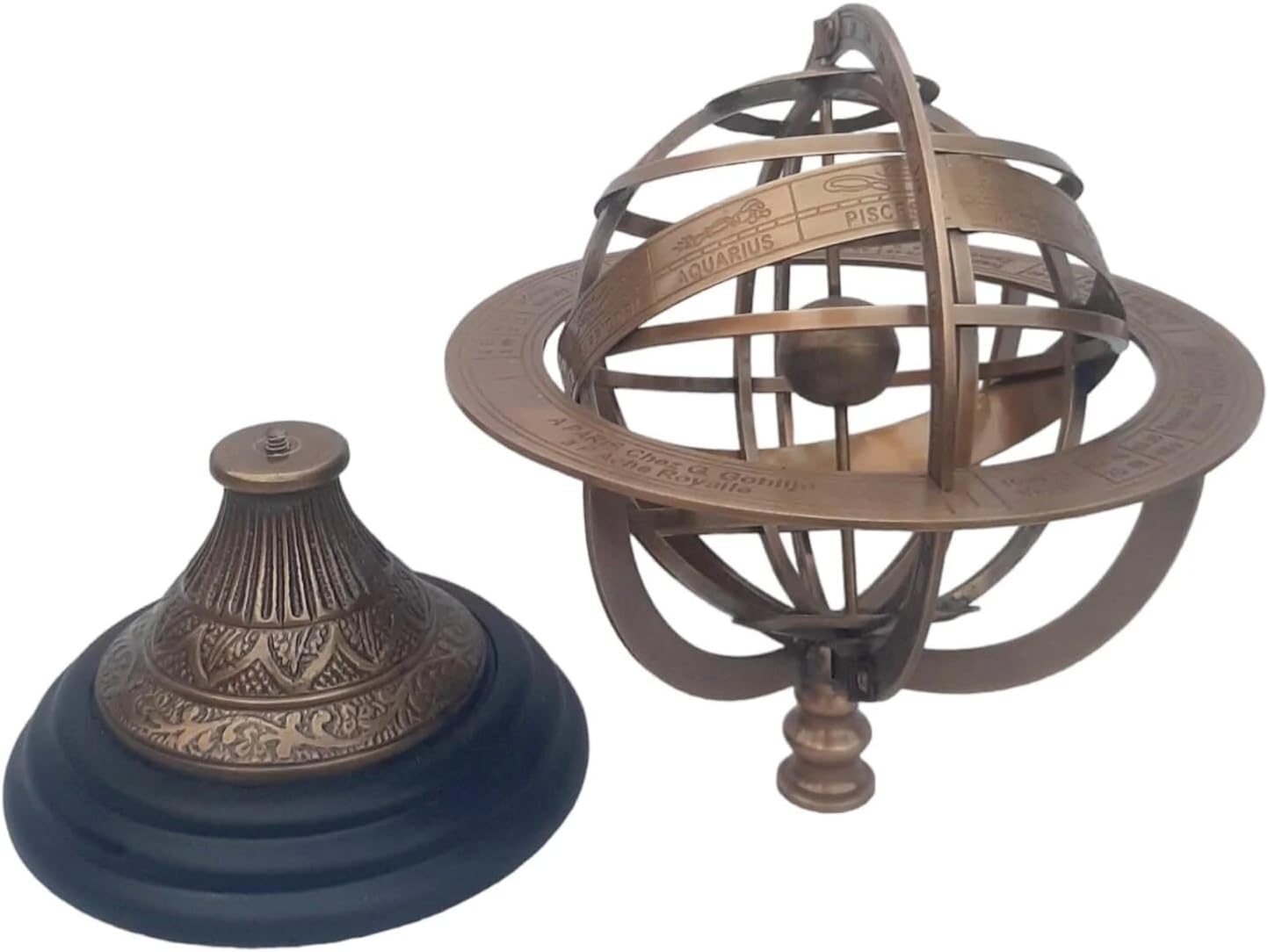 Vintage Brass Armillary Engraved Sphere Wooden Base Armillary, Unique Table Decor 11.25" Height, 5" Armillary Gift Items