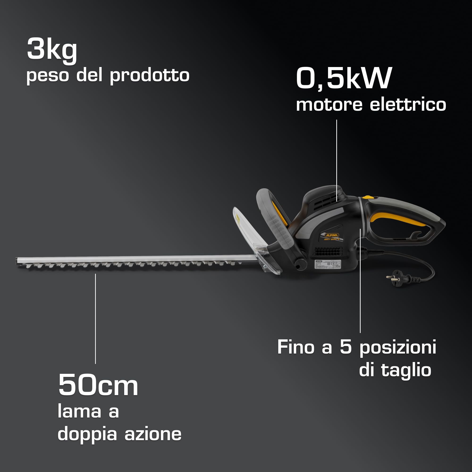 Alpina AHT 500 E Tagliasiepi Elettrico, 500 W, 50 cm – Impugnatura Rotante 180° (5 Pos.), Lama Doppia Azione – Per Siepi Domestiche