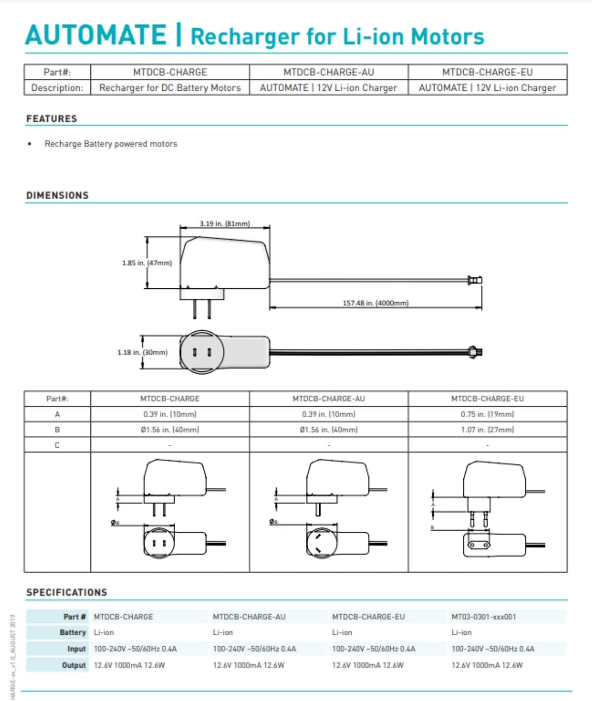 Diagram showing dimensions and specifications of RollEase Acmeda Recharger