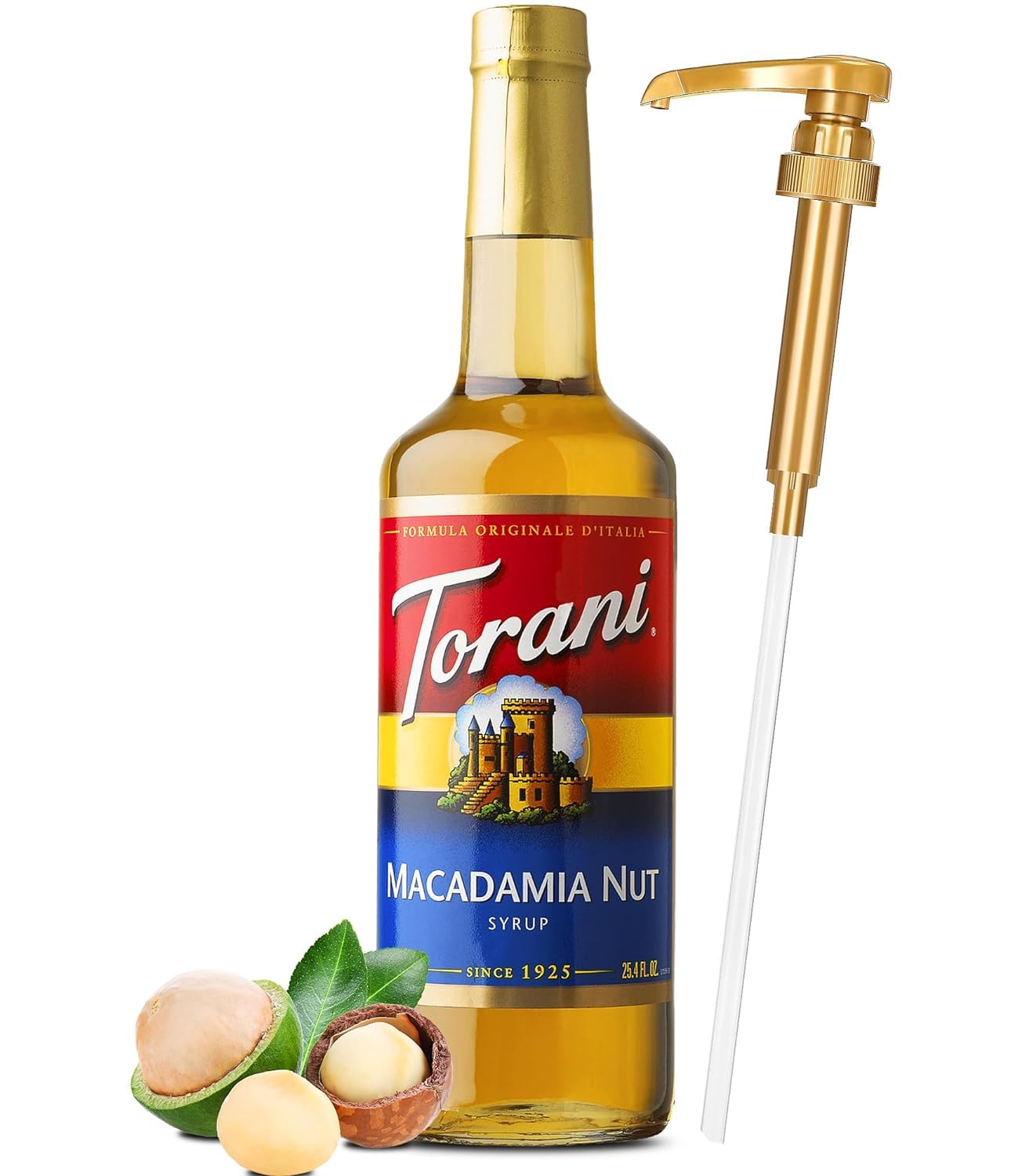 Premium Macadamia Nut Syrup For Coffee or Beverage 25.4Oz Bottle With Alpha Pantry Gold Pump Coffee Syrup Dispenser