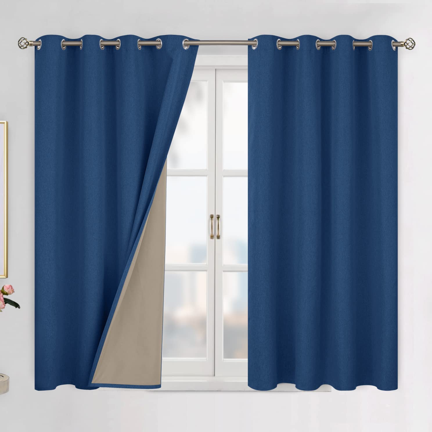 BGment Linen Textured 100% Blackout Curtains for Bedroom, Grommet Double Layers Thermal Insulation Room Darkening Curtains with Liner for Living Room, 2 Panels, 52 x 45 Inches, Dark Blue