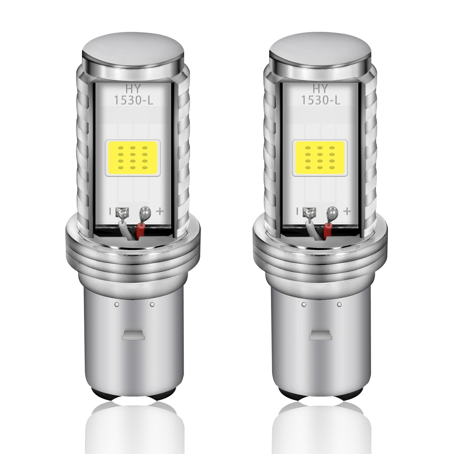 BA20D LED Motorcycle Headlight Bulbs, H6 12W High/Low Beam, White, 2-Pack | BA20D/H6 dual-contact LEDs provide 6500K white high/low beam output; 12W, up to 900 lm, 9-80V, aluminum body, 2-pack.