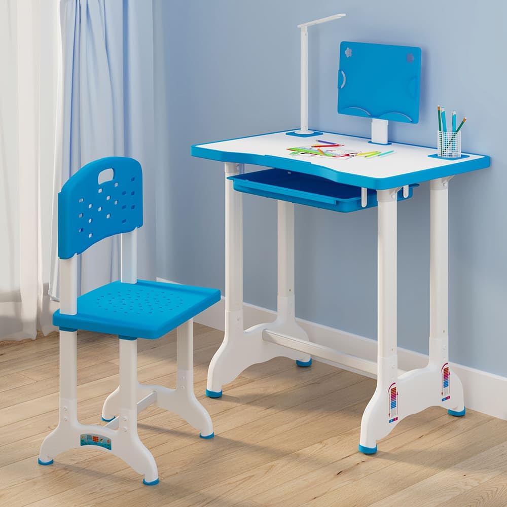 StarAndDaisy Study Table for Kids 3-12years Boys Girls/Kids Study Table with Hight Adjustable Table & Chair, Book Storage, Book Holder & Cup Holder (Blue (with LED LAMP), Engineered Wood