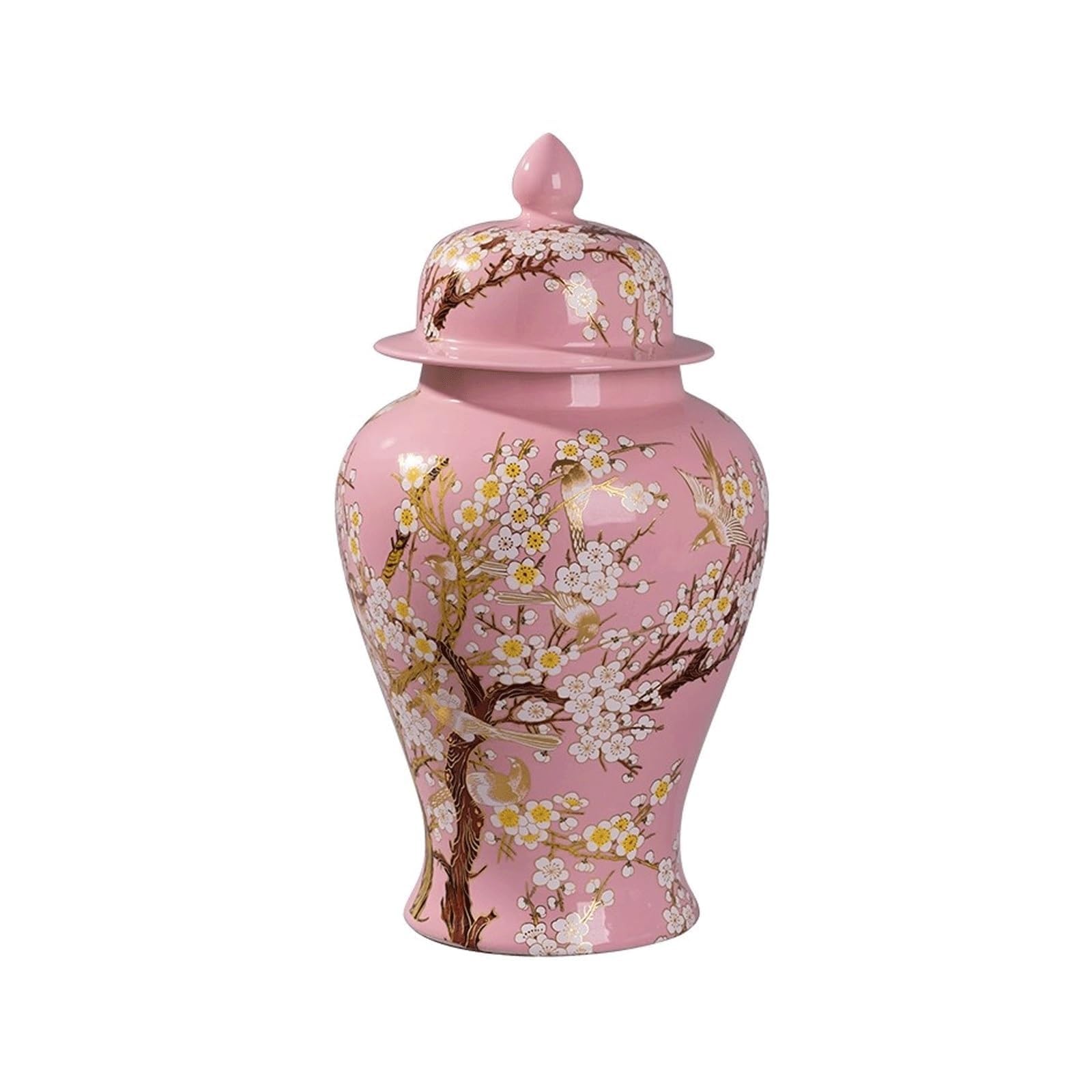 EYPKPL Ginger Jar With Lid Porcelain Temple Jar Jingdezhen Ceramic Storage Jar Elegant Flower Vase Chinoiserie Bird & Blossom Decorative Vase(Rose,19x37cm)