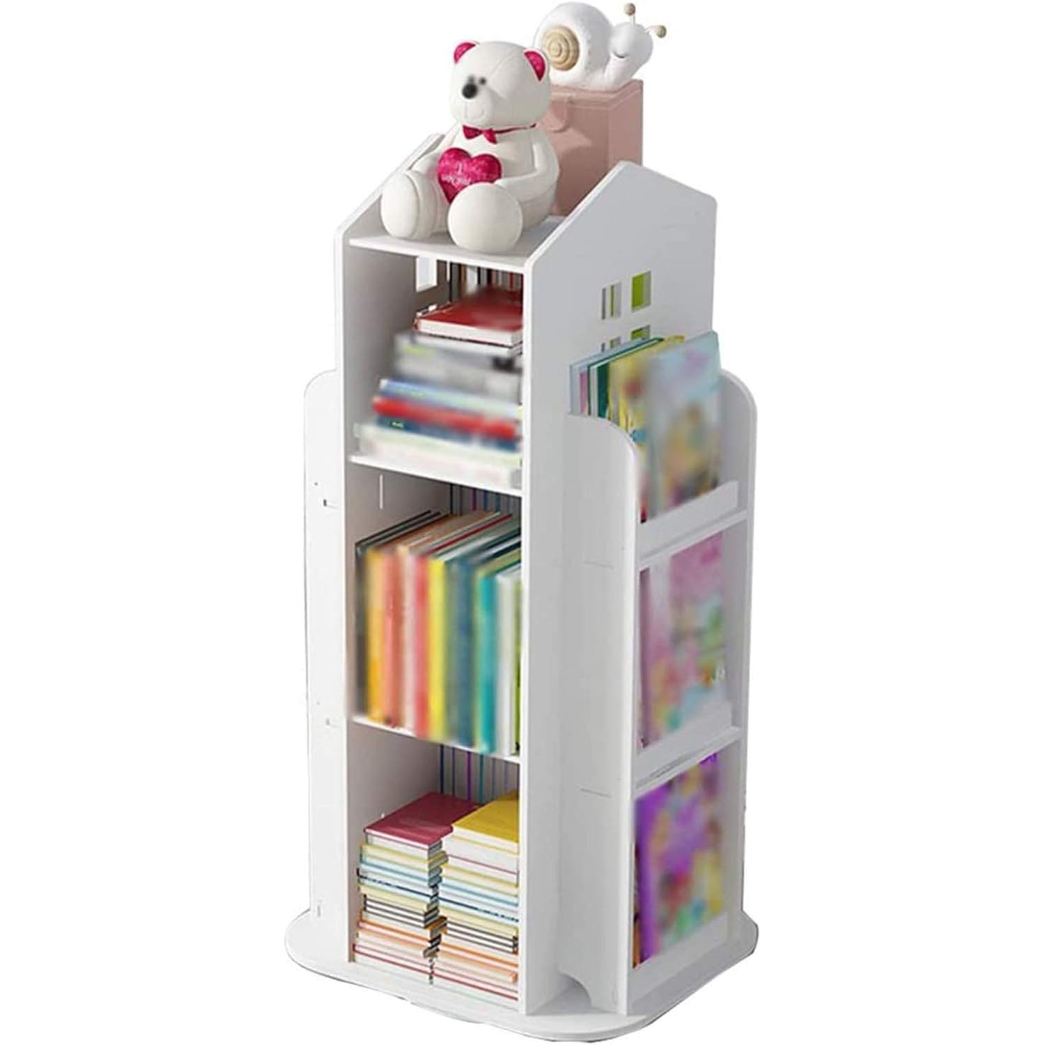 Wooden 360°Rotating Bookcase Shelves Creative House Floor Freestanding