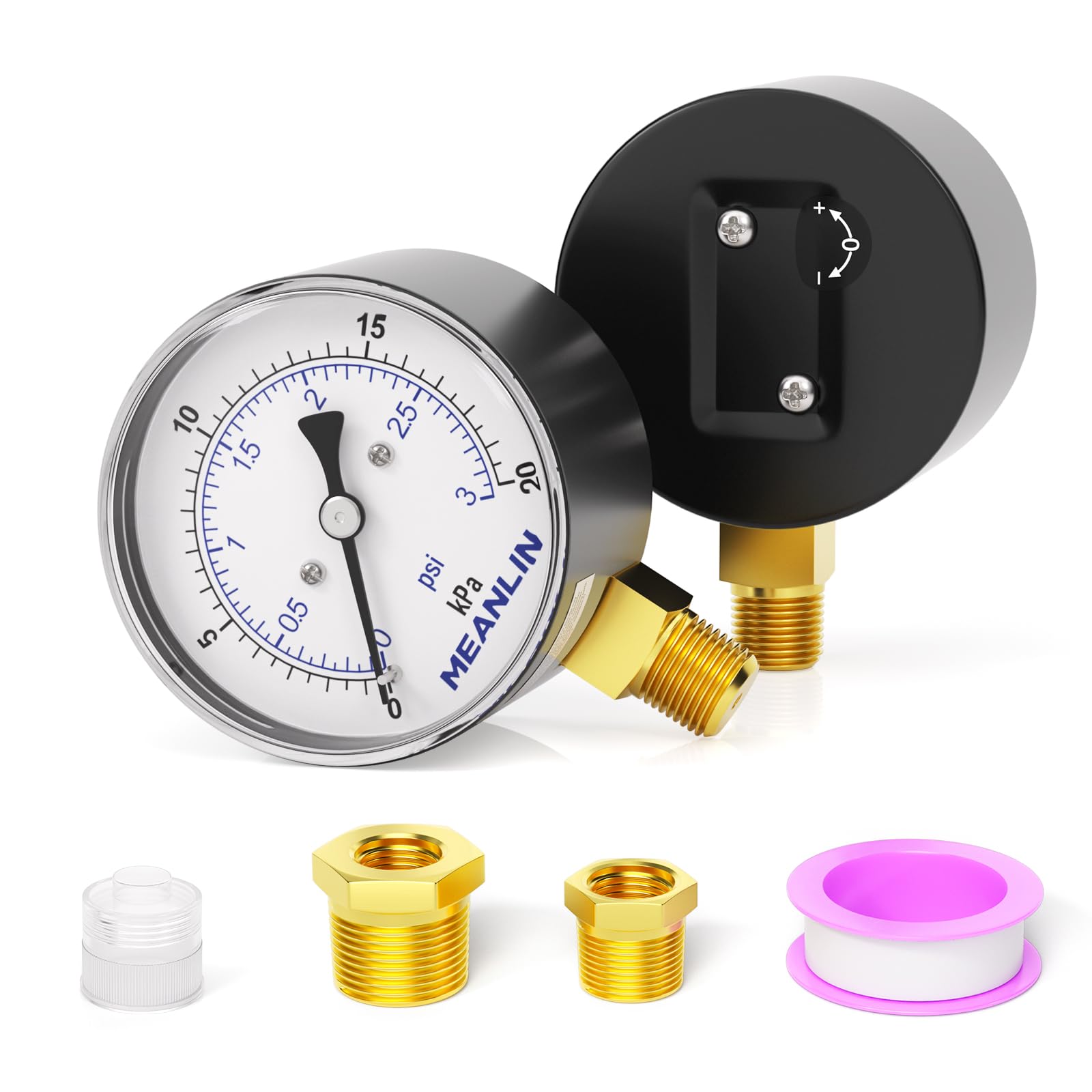 MEANLIN MEASURE 0-3Psi Diaphragm Type Capsule Low-Pressure Gauge, Water Column Gauge, 2.6" Dial, 1/4" NPT, Rear Adjustable Knob, with 1/2" NPT and 3/8" NPT Hex Bushing, Lower Mount