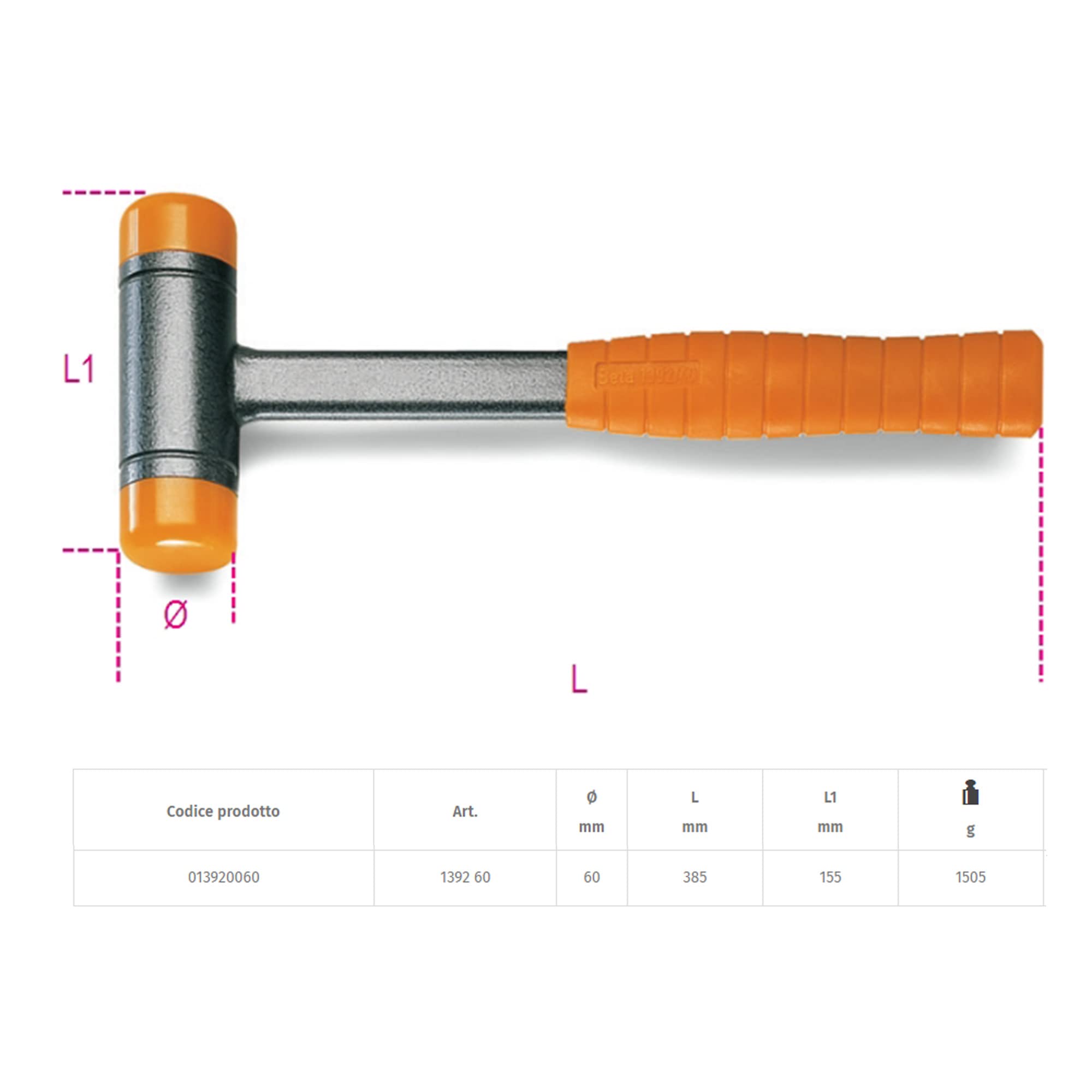 BETA - Mazzuola Antirimbalzo Professionale con Battenti Intercambiabili in Plastica 60 mm, Manico in Acciaio per Battitura Controllata e Lavorazioni Senza Rimbalzo, Serie 1392 60