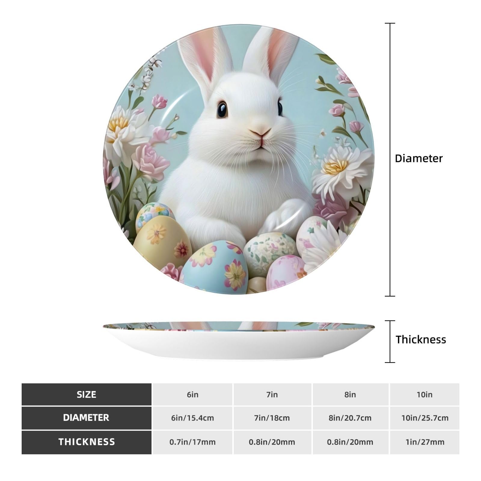 YZILDP White Easter Bunny Ceramic Plate with Display Stand,8 in,Farmhouse Decorative Plates Easter Wall Hanging Ceramic Craft Decor for Kitchen Dining Room Home