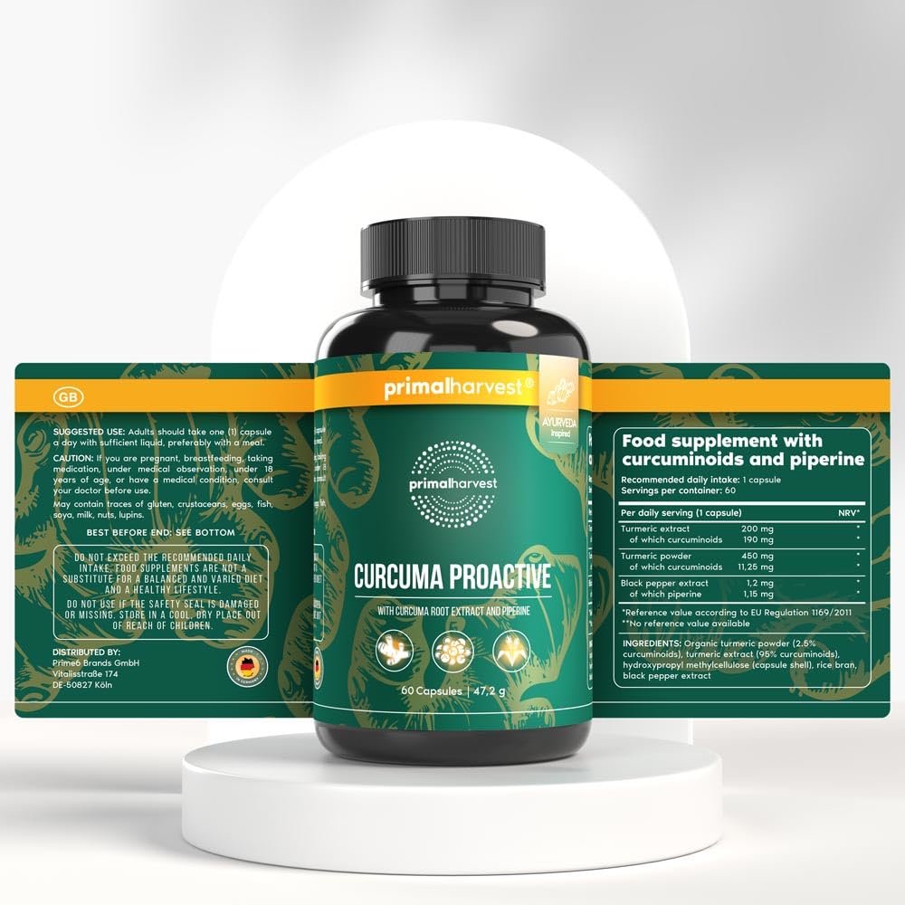 Cúrcuma Complex de Primal Harvest: suplemento vegano con 450 mg de extracto de cúrcuma y pimienta negra. Para hombres y mujeres. Contiene 60 cápsulas. (2 Pack (60 Count))