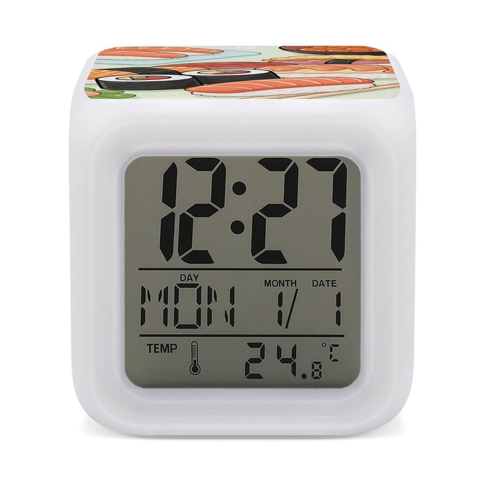 VstaDank Cute Sushi Alarm Clock with Date Temperature Large LED Display Number Clocks with 7 Colors Changing Desk Clock Battery Operated Digital Clocks with Date for Heavy Sleepers