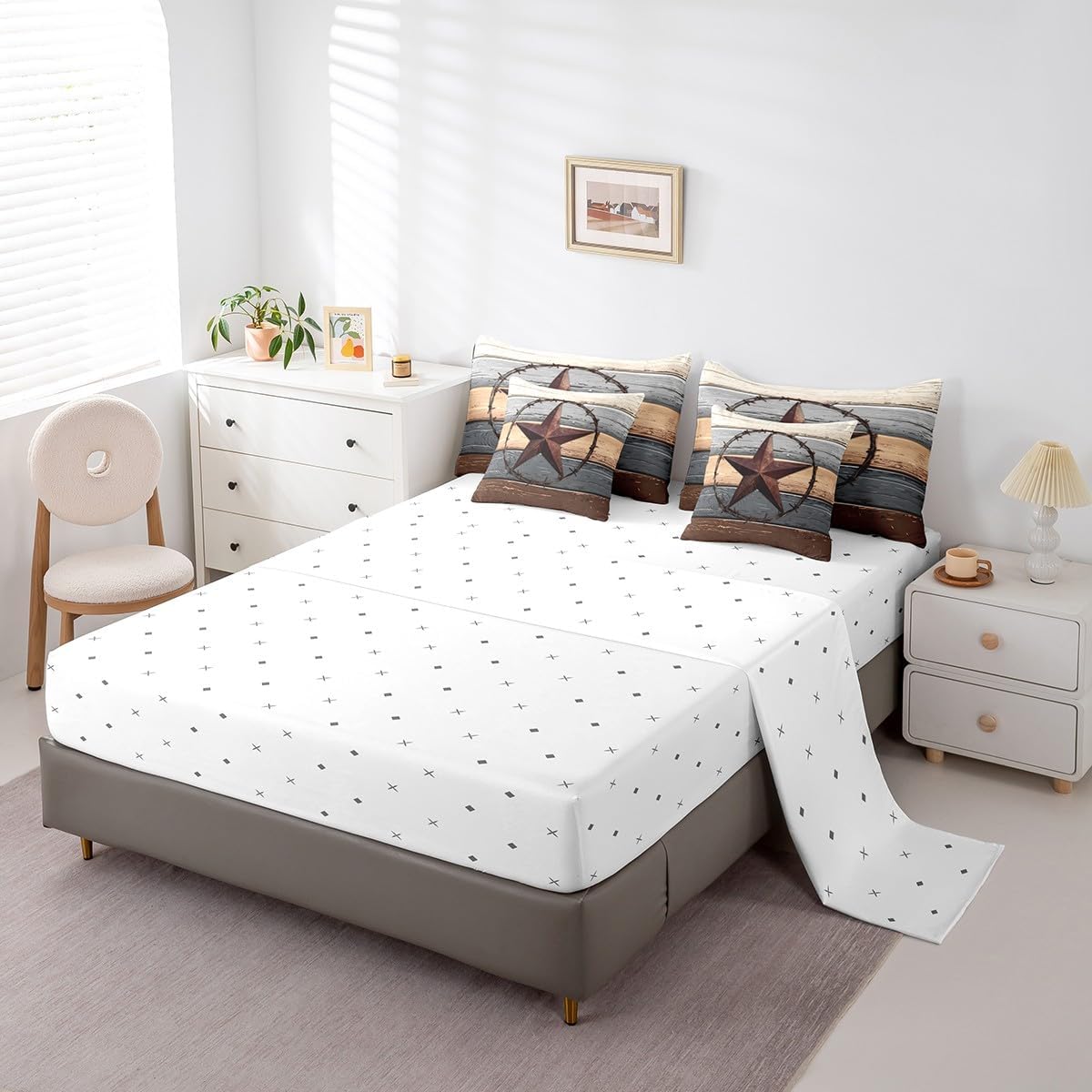 7pcs Western Texas Star Comforter Set Queen, Brown Grey Wooden Plank Bed Set for Kids Boys, Rustic Farmhouse Cowboy Bedding(1 Comforter,1 Fitted Sheet,1 Flat Sheet,2 Pillowcases,2 Throw Pillow Cover)
