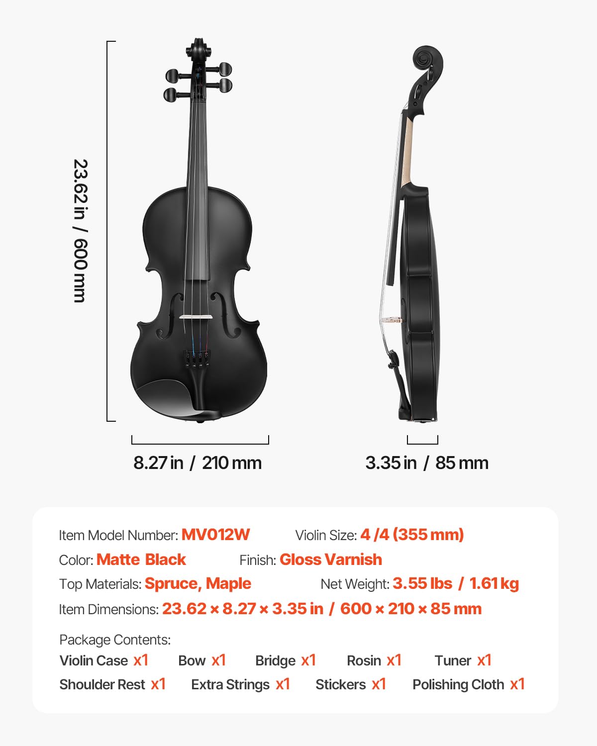 VEVOR Violon 4/4, Kit Violon Débutants Bois Massif avec Étui, Colophane, Archet, Épaulière, Chevalet, Accordeur, Cordes de Rechange, Instrument de Musique Professionnel pour Étudiants, Adultes, Noir