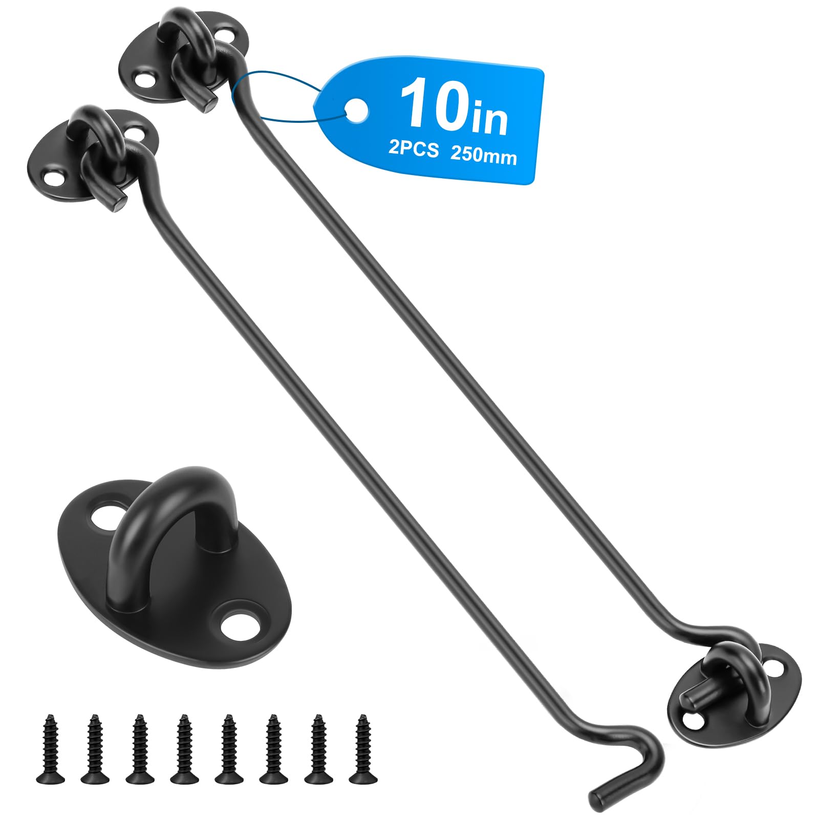 2 Pack Hook and Eye Latch Black 250mm(10") Cabin Hooks and Eye Metal Door Hook Latch Heavy Duty Cabinet Latches for Door Gate Window Closet Shed - Image 2