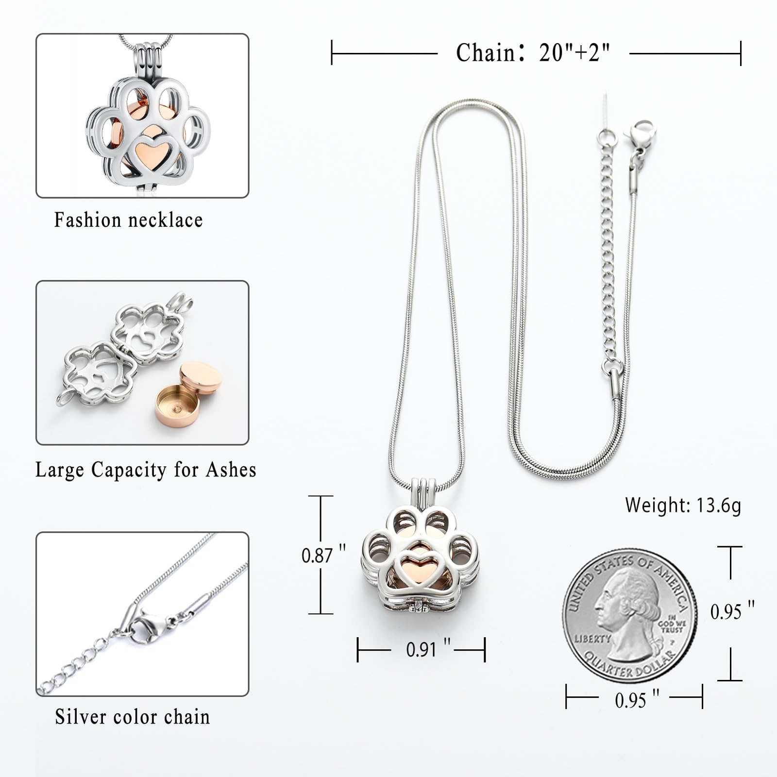 Ceneri per animali domestici per cane/gatto zampa in acciaio inox Memorial Locket Urna collana all'interno Mini caso Keepsake cremazione gioielli donna uomo