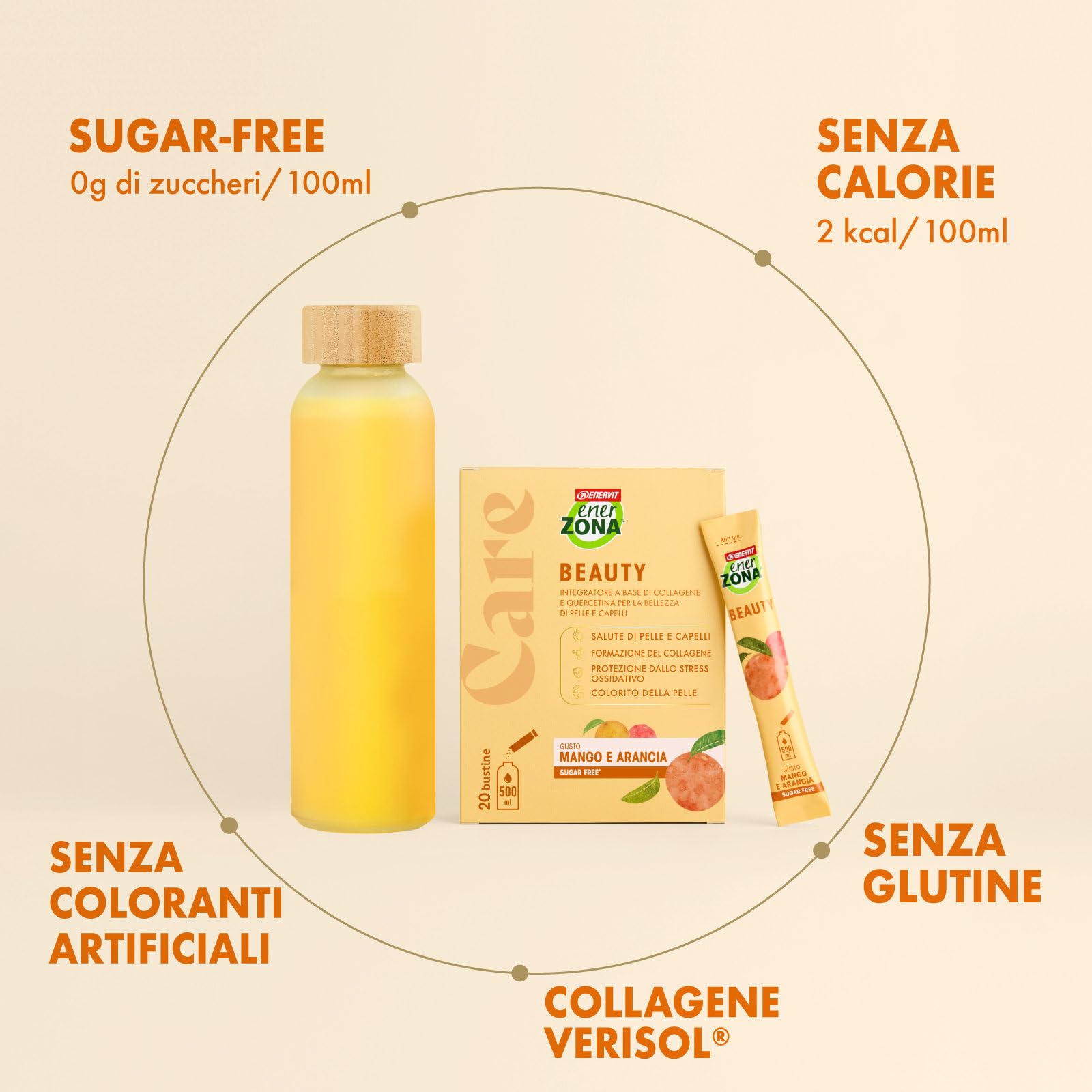 Enervit EnerZona Care Beauty, Integratore Alimentare con Collagene Idrolizzato VERISOL, Formazione di Collagene, 20 Bustine, Zero Zuccheri e Zero Calorie, Gusto Mango e Arancia, Senza Glutine