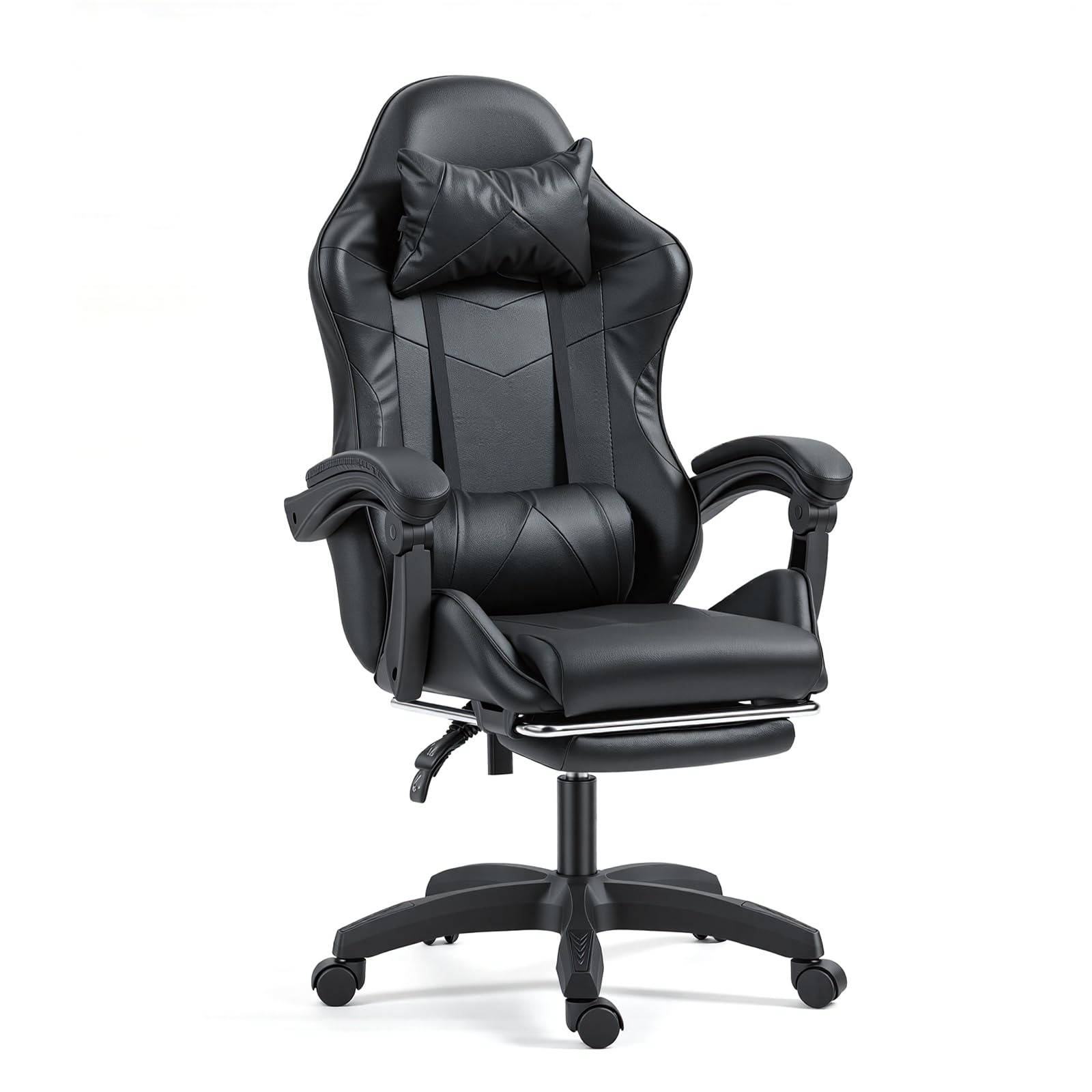 Panana Gaming Chair, Racing Style Office High Back Ergonomic Conference Work Chair Reclining Computer PC Swivel Desk Chair 145 Degree Reclining Angle with Headrest, Lumbar Cushion & Footrest (Black)
