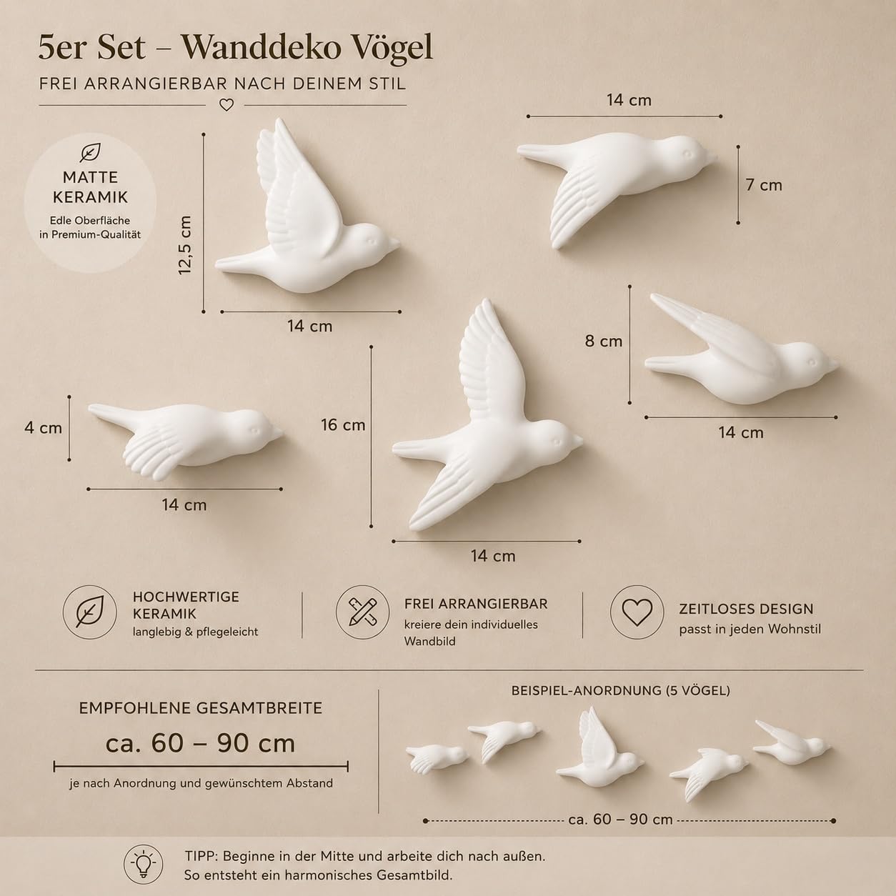 Boho Wanddeko Vögel Set aus Keramik 5er Set Weiß Matt Minimalistische Wanddeko