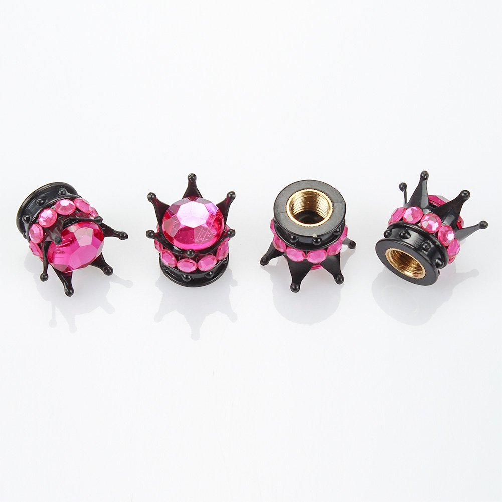 OTOSTAR Pure Handmade Bling Bling Rhinestones Tire Valve Stem Caps 4 Pack (Black/Hot Pink)