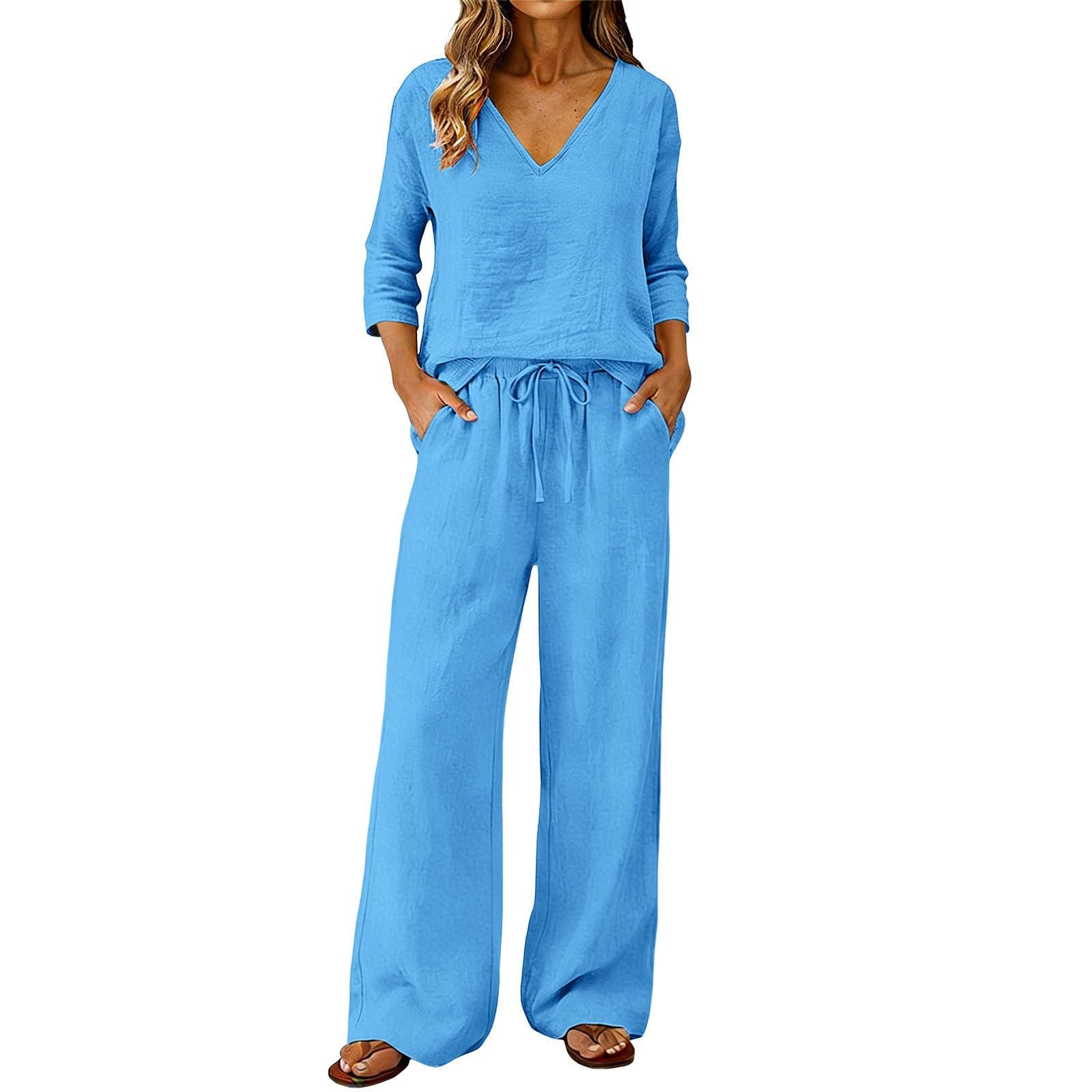 Completo Coordinato Donna, Maglia Scollo a V Maniche Tre Quarti, Pantaloni a Gamba Larga con Coulisse e Tasche Laterali, Abbigliamento Vacanza Estiva Comodo Quotidiano