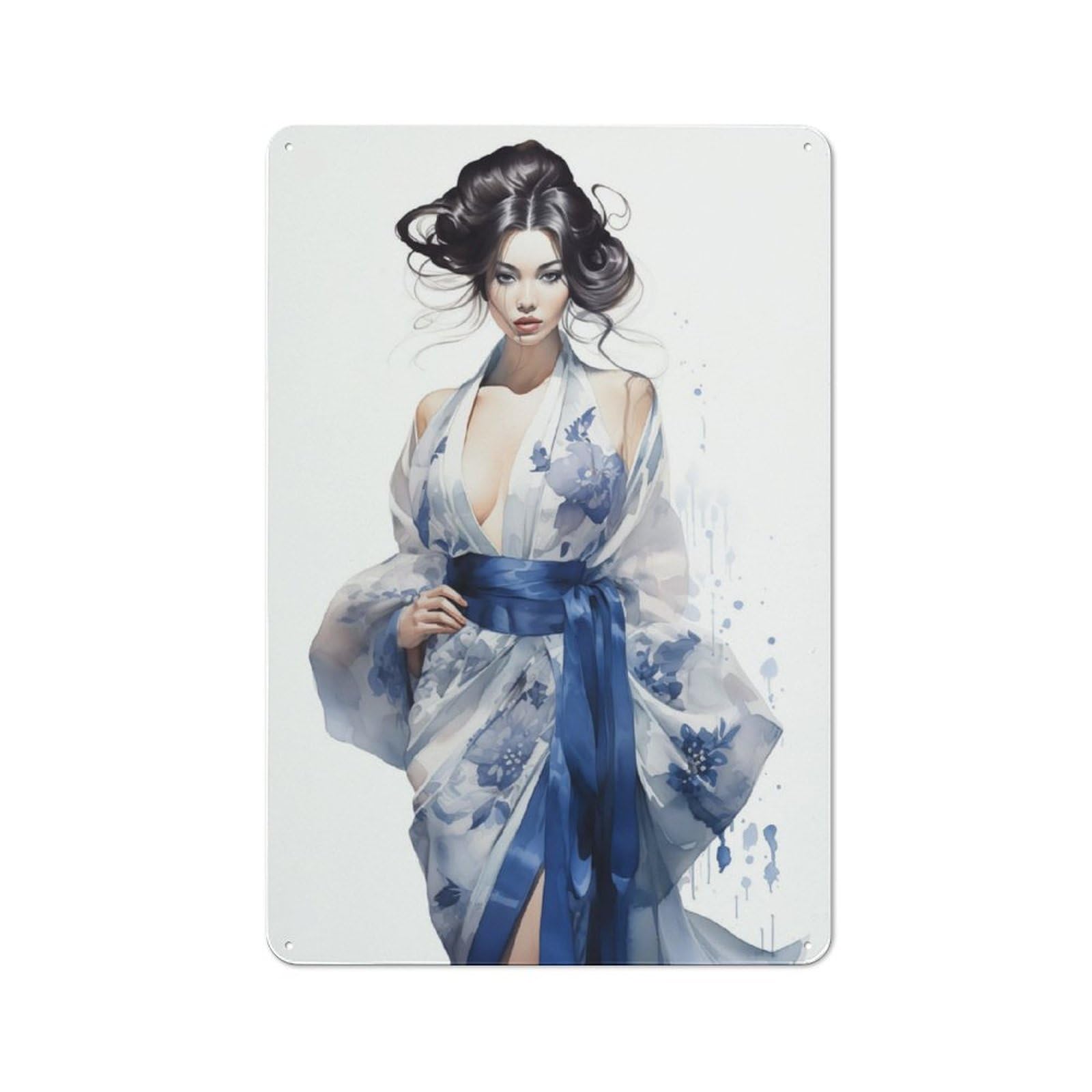 Junmoney Geisha In Blue Tin Wall Plaque 30X20cm With For Living Room Or Hallway, For Garage, Workshop And Man Cave Decoration