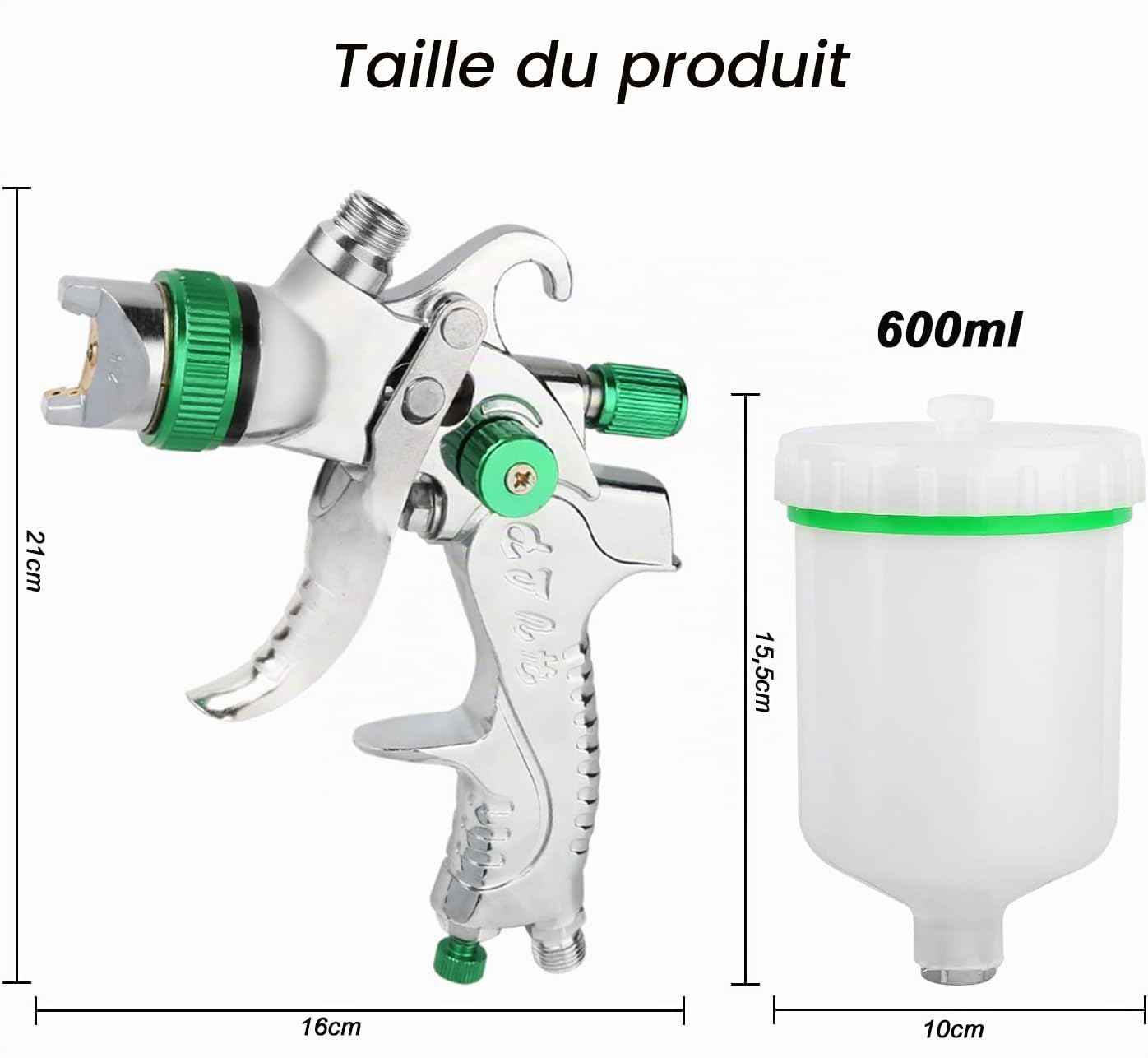HVLP Pistolet à Peinture 600ml avec 4 Buses 1,4/1,7/2,0/2,5mm,Pistolet Peinture Pneumatique pour Les Murs, l'automobile, Les travaux de rénovation (Vert)