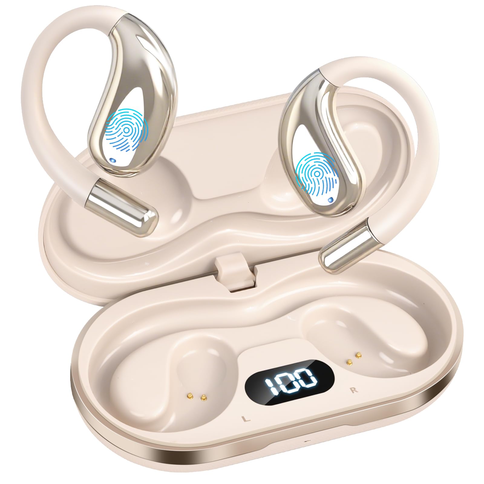 Open Ear Clip Wireless Earbuds Bone Conduction Headphones, Bluetooth 5.4,Open Ear Design,Built-in Mic, IPX5 Waterproof,LED Display Charging Case,Ear Hooks Ear Buds Design for Running Fitness Skin Tone