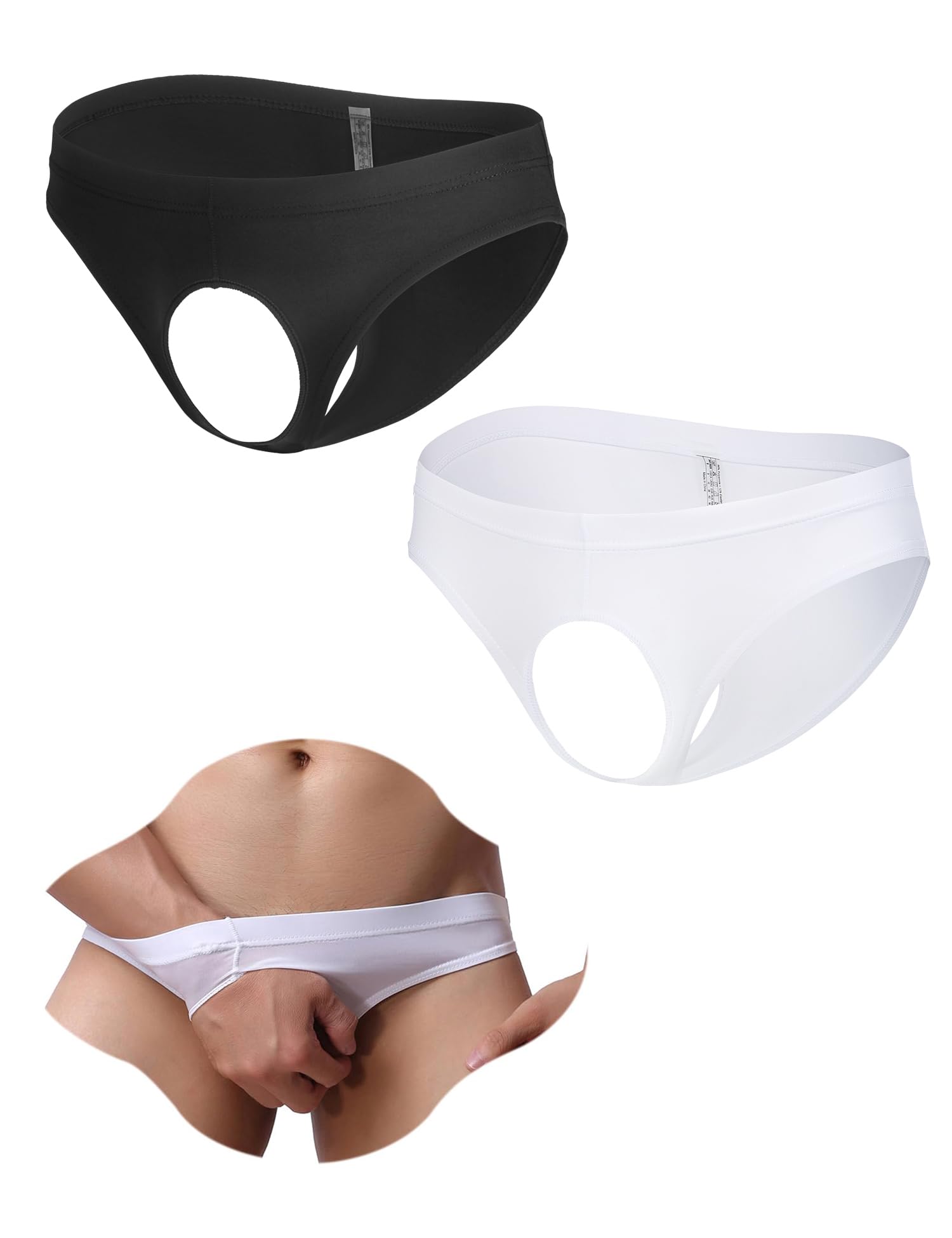 ohyeahlady 2er Pack String Tanga Männer mit Loch Sexy Eisseide Slip Sissy Dessous Große Größen Herren Reizwäsche Lustige Unterhosen Vorne Offen Borat Anzug Ouvert Höschen Gay Underwear Schwarz+Weiß M
