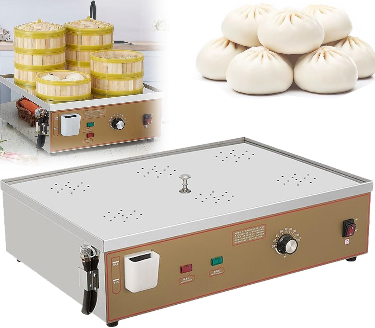 Bun Steamer Electric Machine with Dry Boiling Alarm, 2/4/6 Hole Commercial Steamer, Stainless Steel U-Tube Heating, Electric Hot Food Warmer, for Restaurants and Snack Bars(6 Hole)