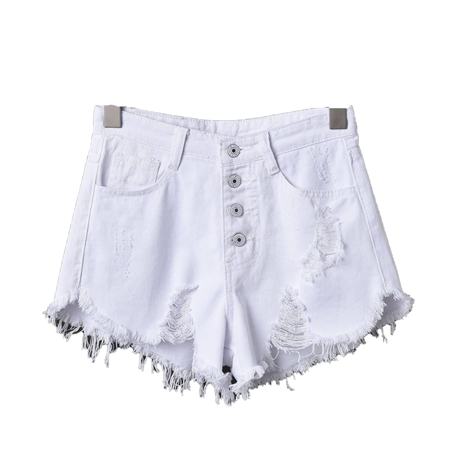 JEKE-DG Women's Button Down High Rise Jeans Shorts Ripped Casual Denim Shorts Frayed Raw Hem Stretchy Denim Shorts (Medium,White)