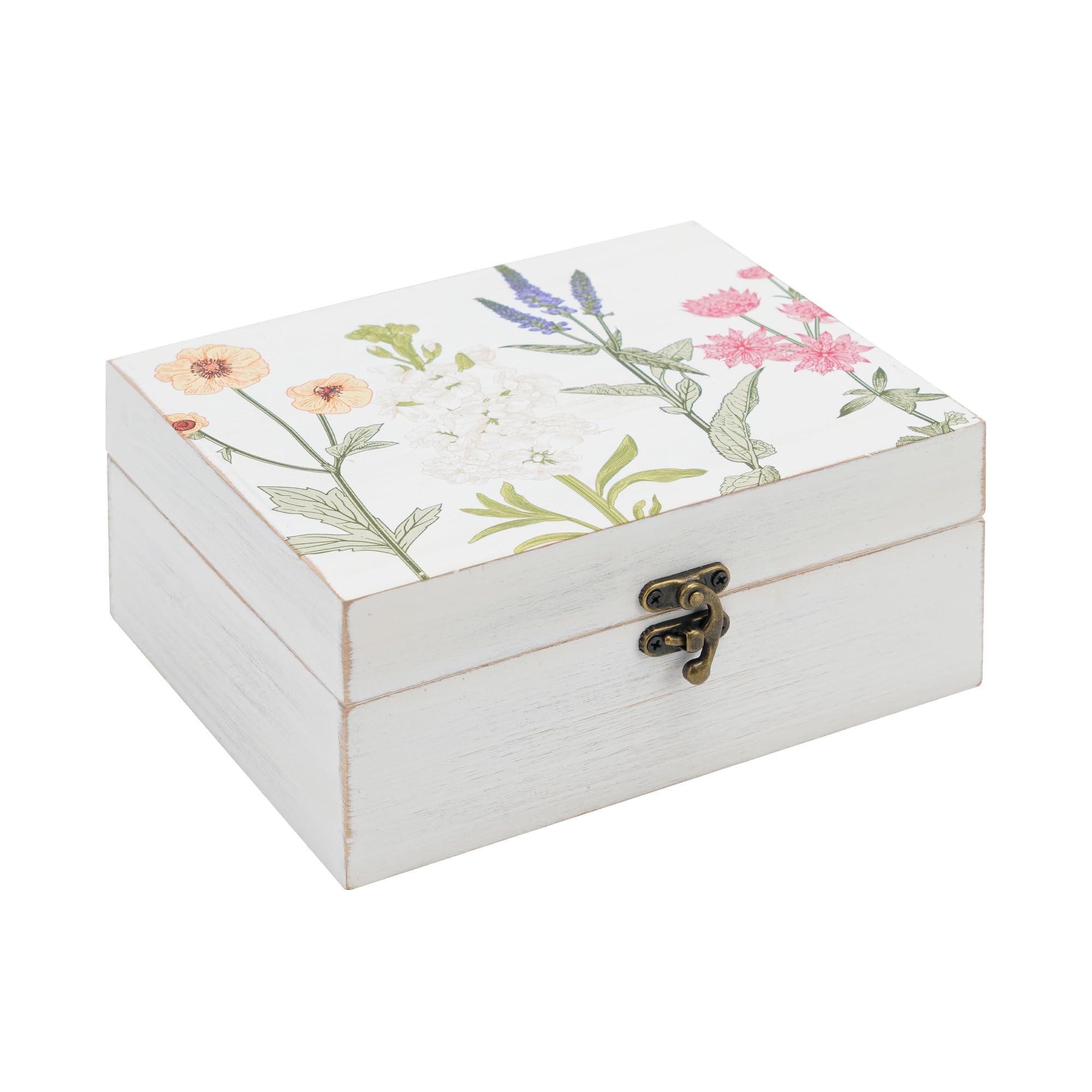 Synovana Small Decorative Box with Hinged Lid Wooden Handmade Keepsake Storage Box Floral Printed Jewelry Box Rustic Trinket Box - 7.9 x 6.5 x 3.4