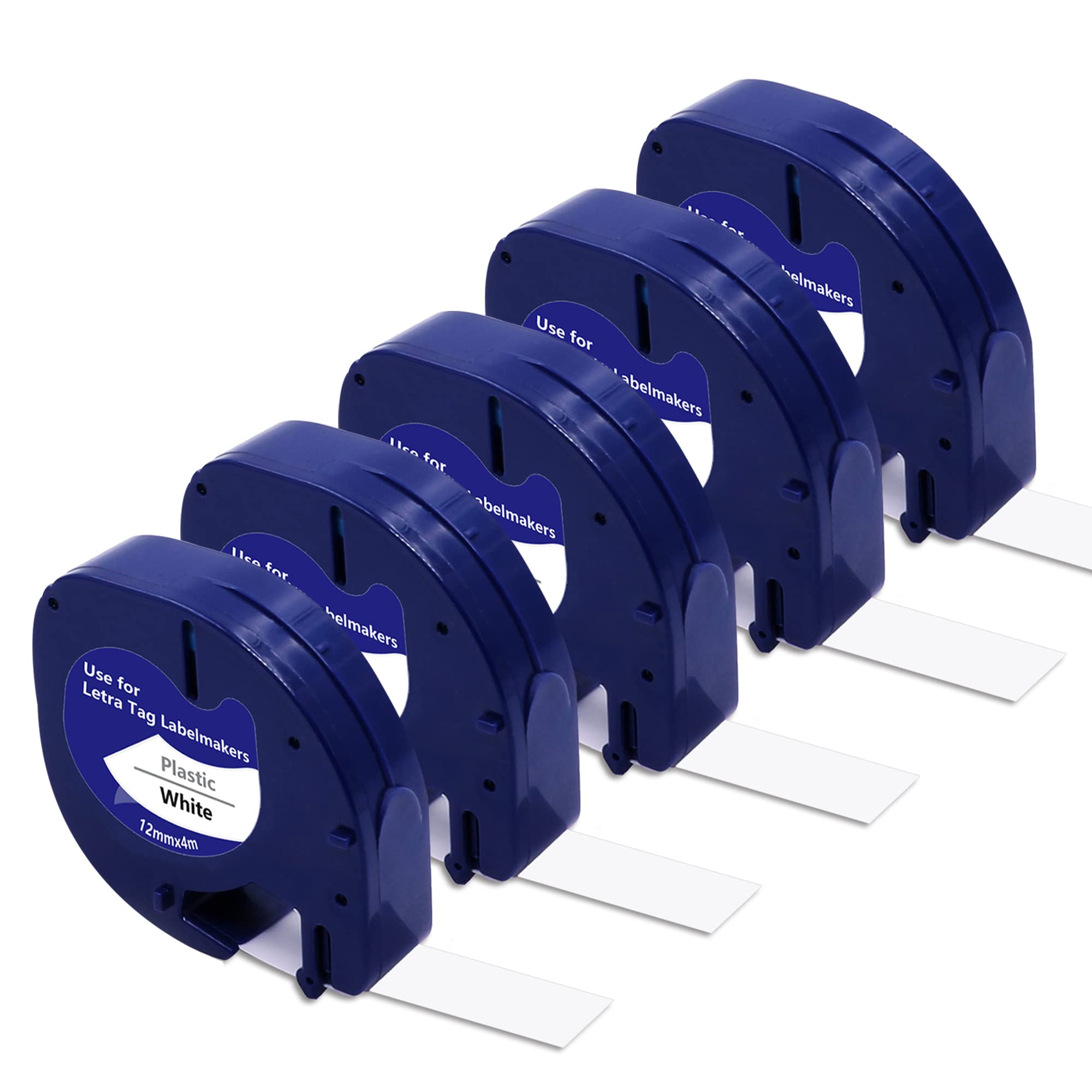 5 Packs Replacement for DYMO LetraTag Refills Plastic White Label Tape 91201 S0721610 for DYMO LetraTag LT-100T LT-100H QX50 XR XM Label Makers, 12mm x 4m, Black on White