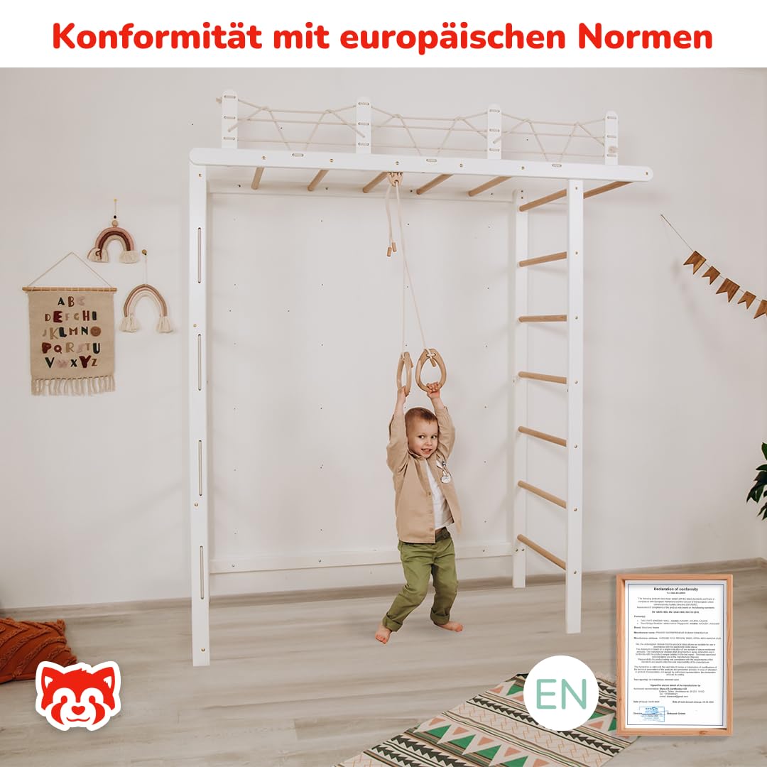 Wood And Hearts Drinnen Schwedische Leiter, Klettergerüst Indoor, Indoor Kletterwand Kinder, Turngeräte in Weiß und natürliche Holzfarbe mit Paar Gymnastikringe