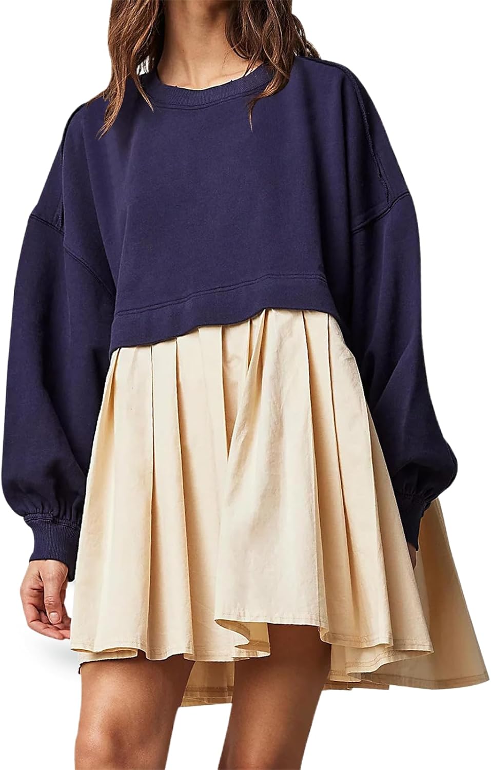 Women's Pullover Sweatshirt Dress Long Sleeve Loose Flowy Pleated 2024 Fall Mini Dress Tops