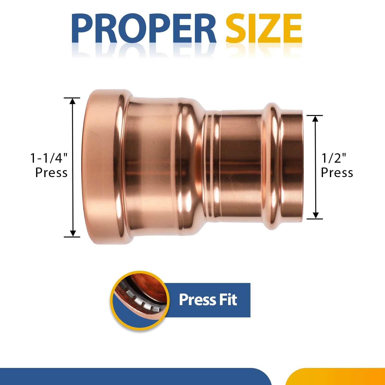 Paquete de 2 acoplamientos de presión de cobre GUOFIS sin tope, 1-1/4" x 1/2", acoplamiento de cobre para conexiones de tuberías de reparación y remodelación de plomería, diseño de flujo continuo.