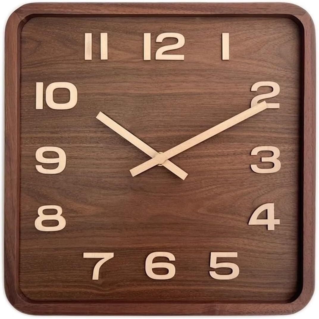 Dveggee One Color Wall Clock,Living Room Wood Square Wall Clock Vintage Walnut Mute Chinese Simple Seat(10In)
