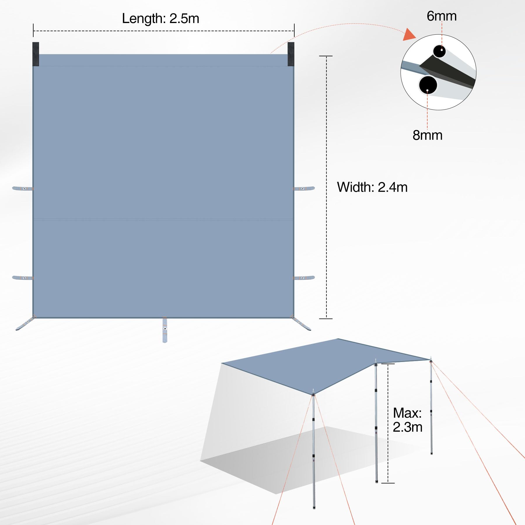 REDCAMP Sonnensegel Auto, Markise für Kleiner Wohnwagen, 2,5 x 2,4 m | 2 Keder (6/8mm), 2 Saugnäpfe, 3 Zeltstangen, 5 Windseile, wasserdicht, UV-Schutz, Vorzelt für SUV Van Camping
