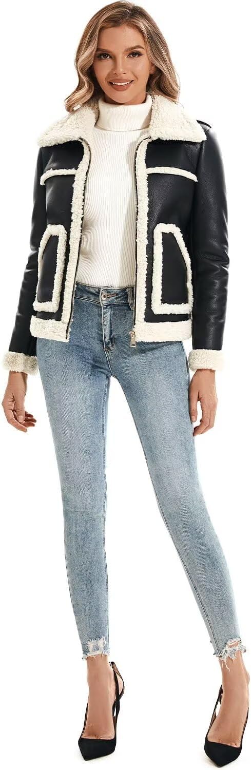 DIASHINY Women's Faux Shearing Fur Winter Coat Warm Thick Fur Lined Faux Leather Jacket - Image 3