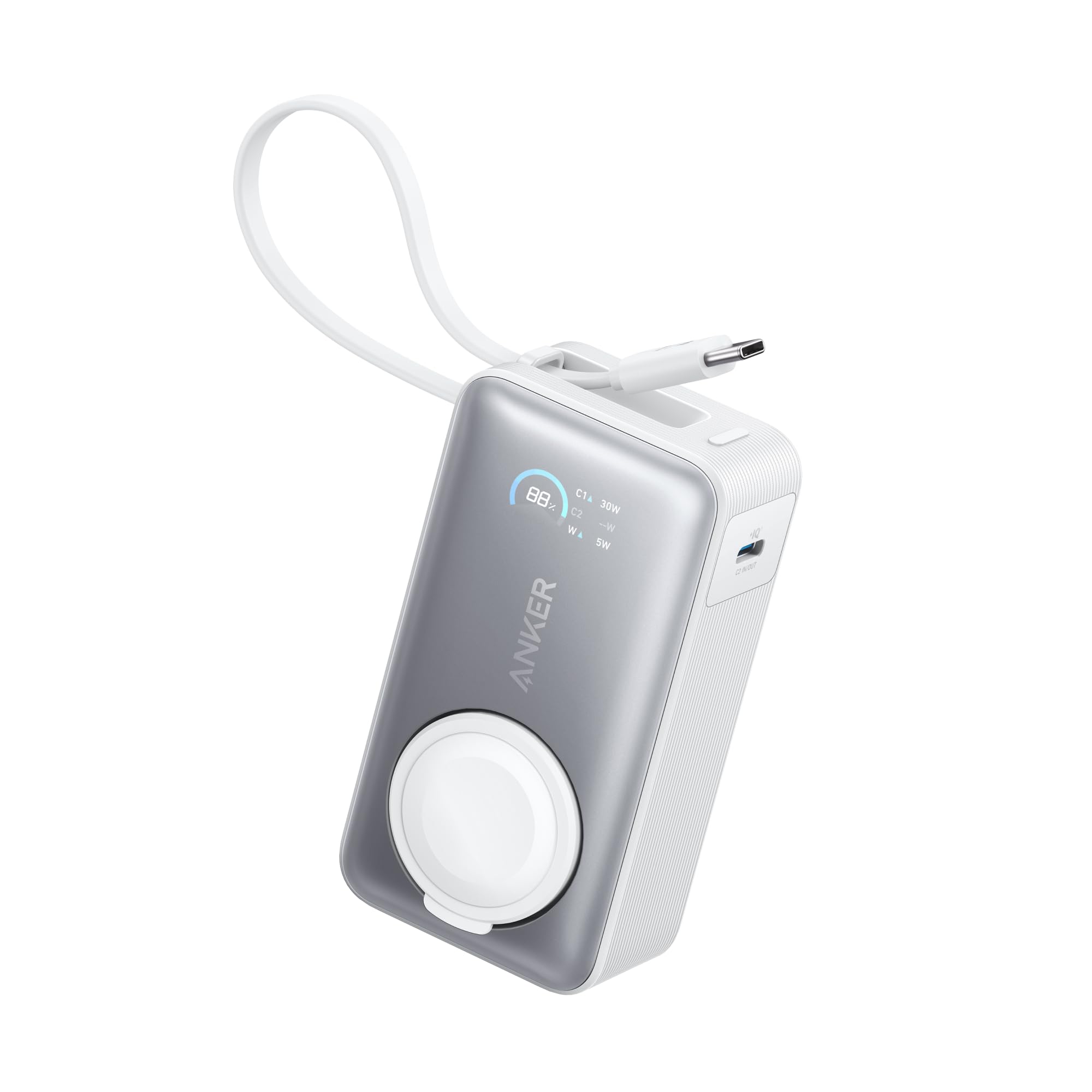 Anker MagGo Power Bank per Apple Watch, Batteria Certificata, Portatile e Compatta da 10.000mAh, Cavo USB-C Incorporato, 35W Max, per iPhone 16/15, Samsung, iPad, AirPods, e Altro Ancora
