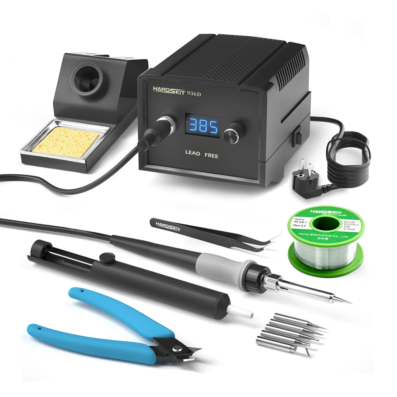 HANDSKIT 65W Soldering Station, 2 in 1 Professional Tin Soldering Iron, Tin Soldering Iron with 5 Soldering Tips, Soldering Wire and Cleaning Sponge, Temperature Range 180-480°C