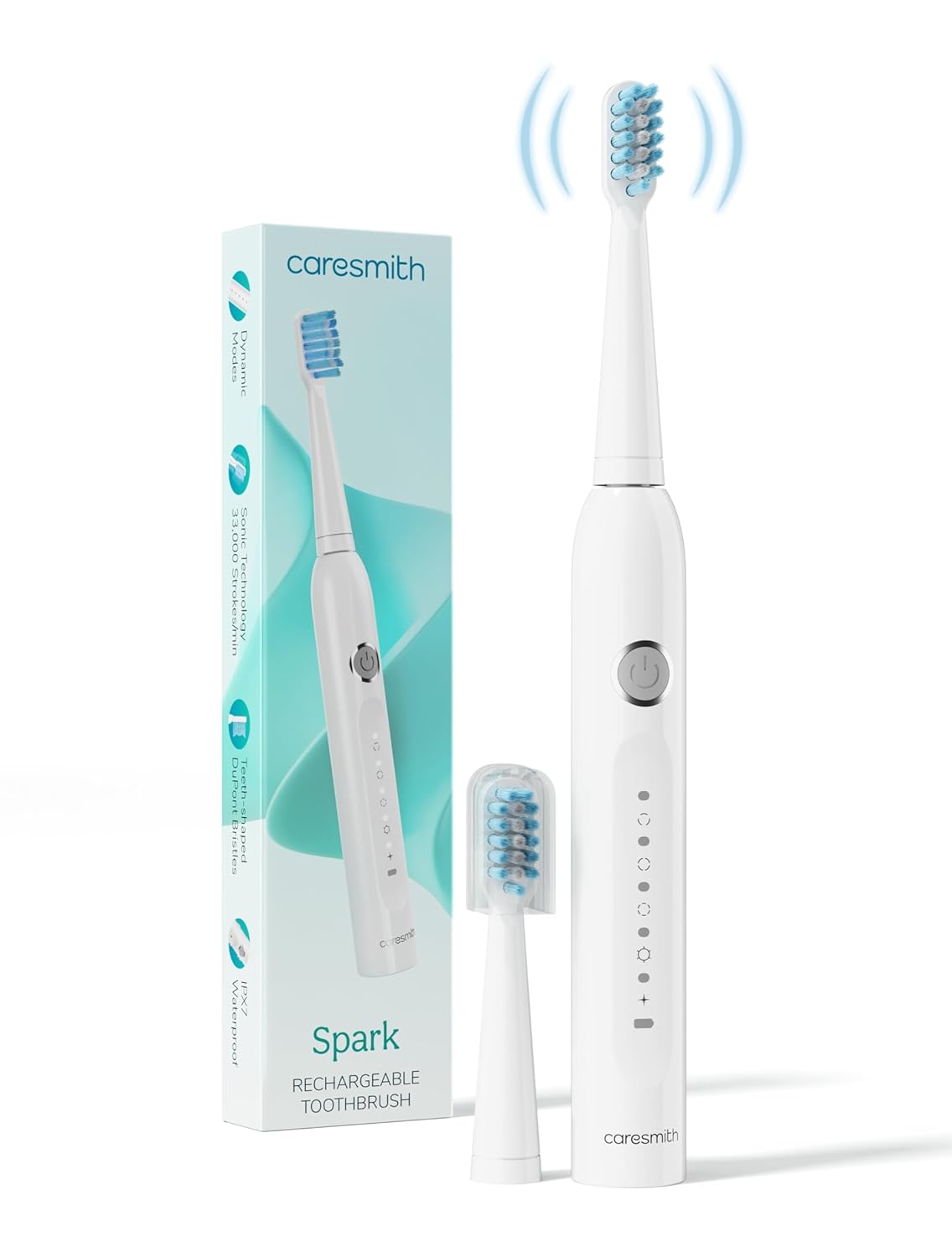 Caresmith SPARK New Rechargeable Electric Toothbrush For Adults | 2 Brush Heads | 5 Operational Modes (White, 1) Caresmith SPARK New Rechargeable Electric Toothbrush For Adults | 2 Brush Heads | 5 Operational Modes (White, 1)