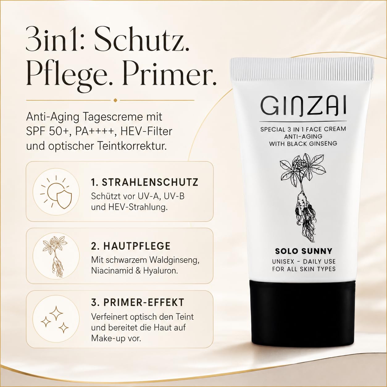 Solo SUNNY 3 w 1 krem na dzień z filtrem SPF 50+/PA+++, czarny koreański żeń-szeń, niacynamid i kwas hialuronowy, do wszystkich rodzajów skóry, 50 ml